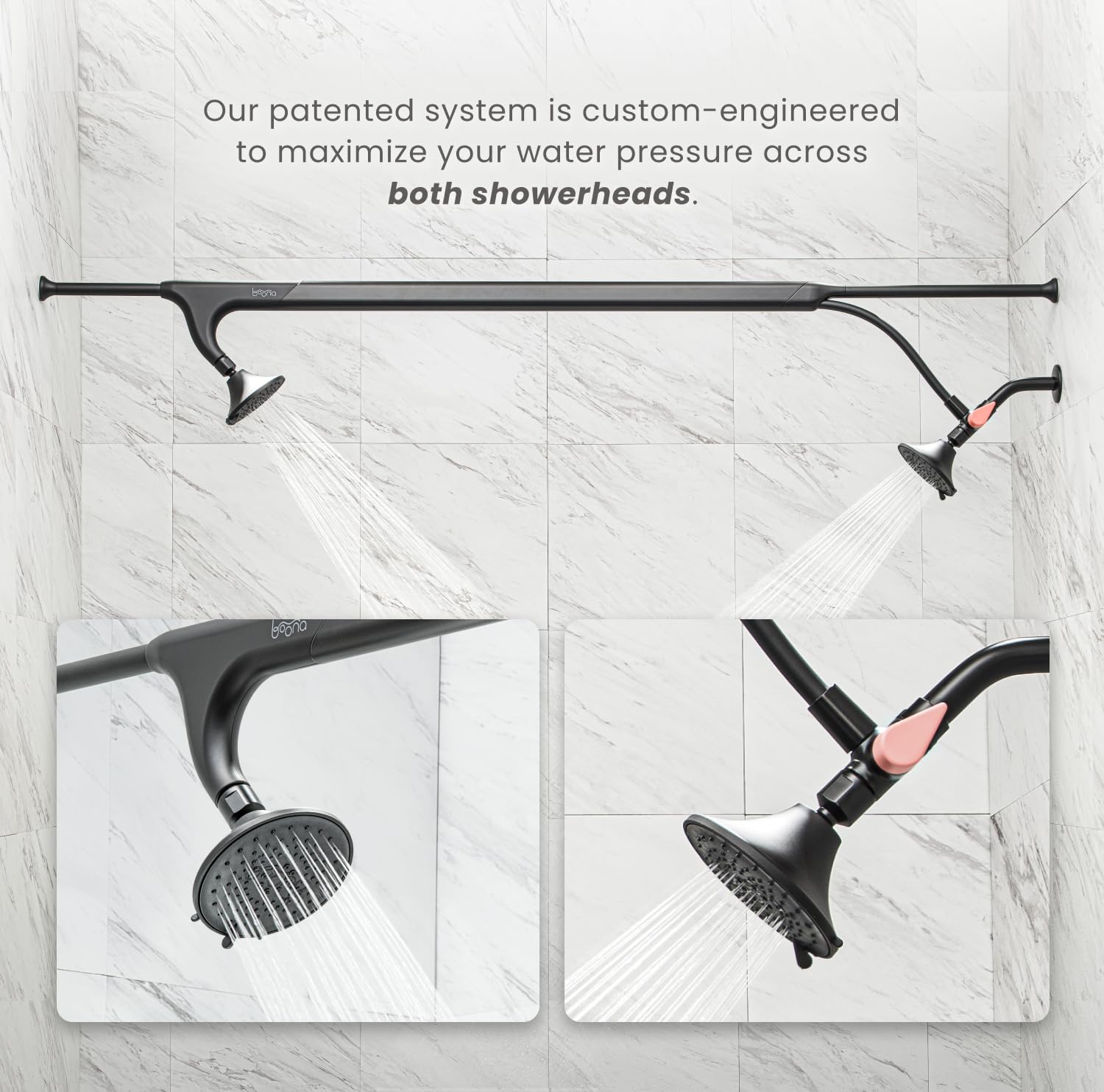 Boona Tandem Shower - Dual Shower Head for Couples, High Pressure Double Shower System with 3 Flow Settings (2 Showerheads, Midnight Black) - Perfect for Shared Bathrooms & Spa-Like Experience