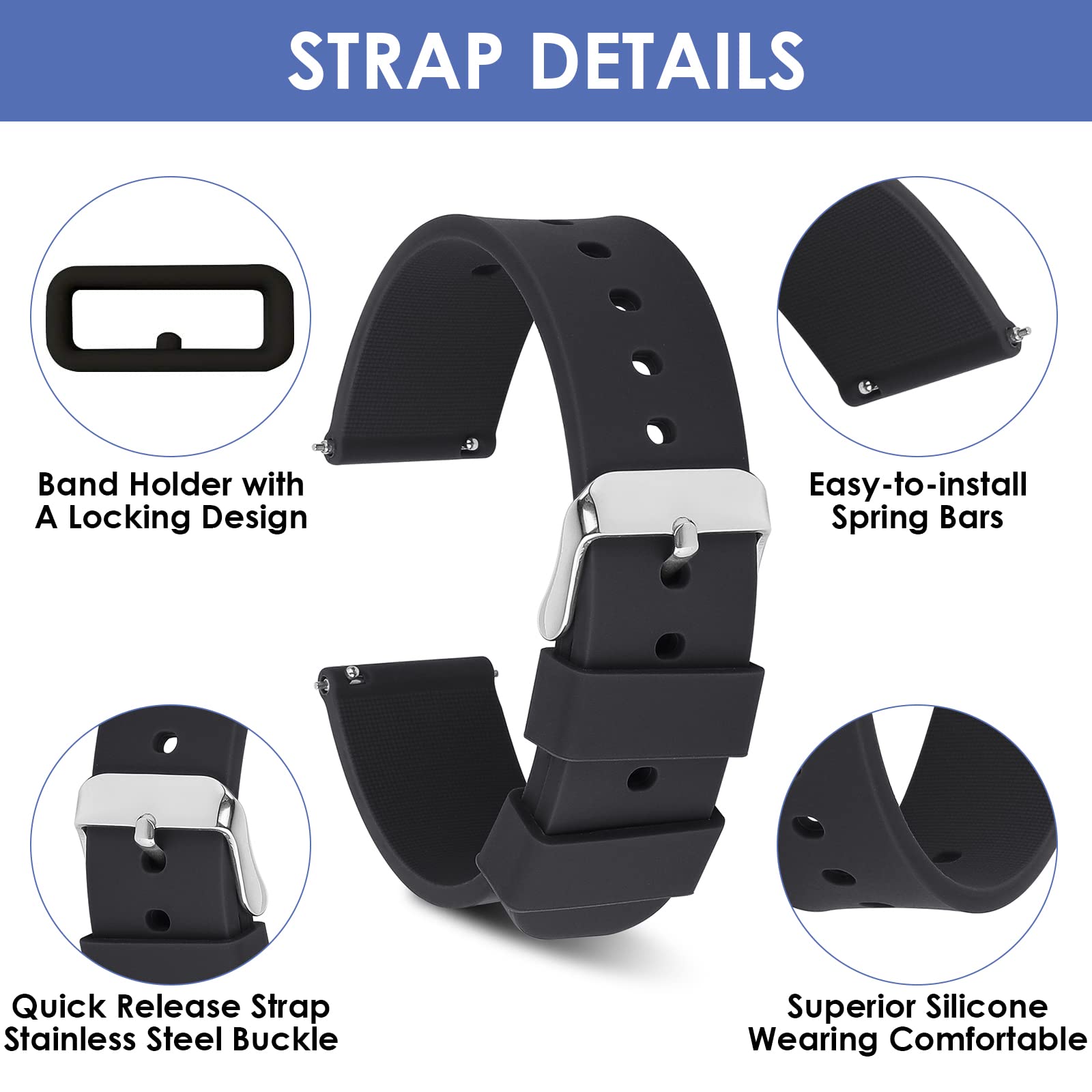 Cobee Silicone Watch Bands - Quick Release Waterproof Soft Rubber Replacement Straps with Silver Plated Stainless Steel Buckle, Sport Watchbands for Men & Women - Perfect for Running, Swimming & Gym Workouts