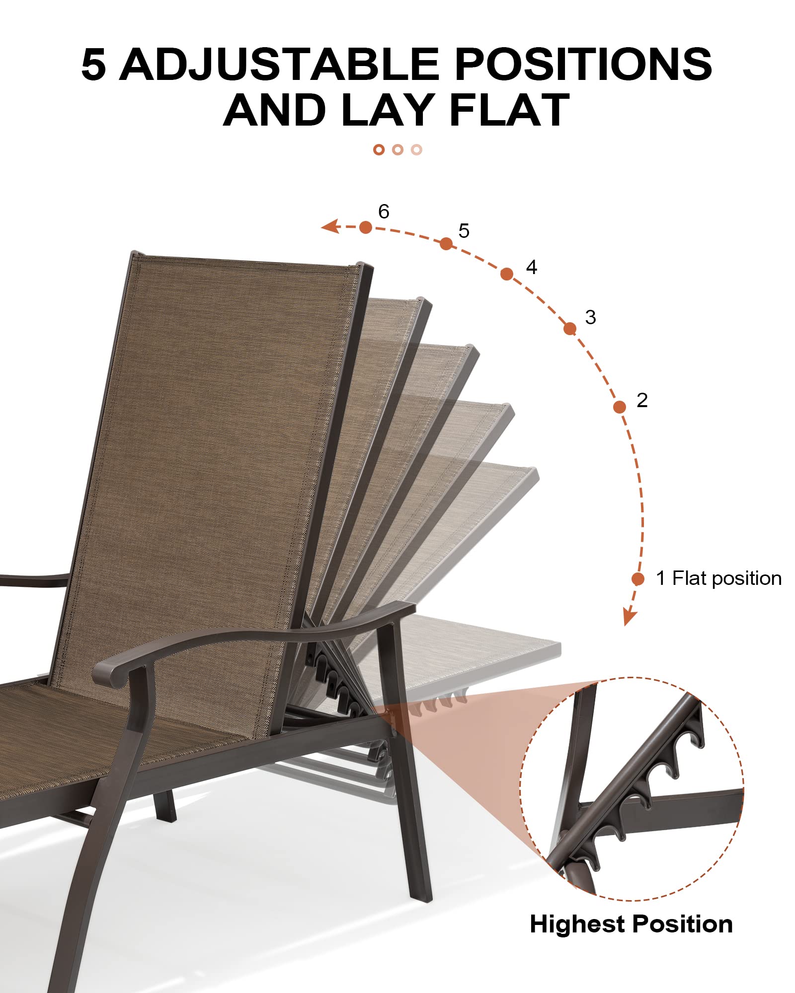 Crestlive 3-Piece Aluminum Chaise Lounge Set - 5-Position Adjustable Patio Recliners, All-Weather Outdoor Lounge Chairs for Poolside, Beach, Backyard & Garden (Brown) - Perfect for Sunbathing, Relaxing & Outdoor Entertaining