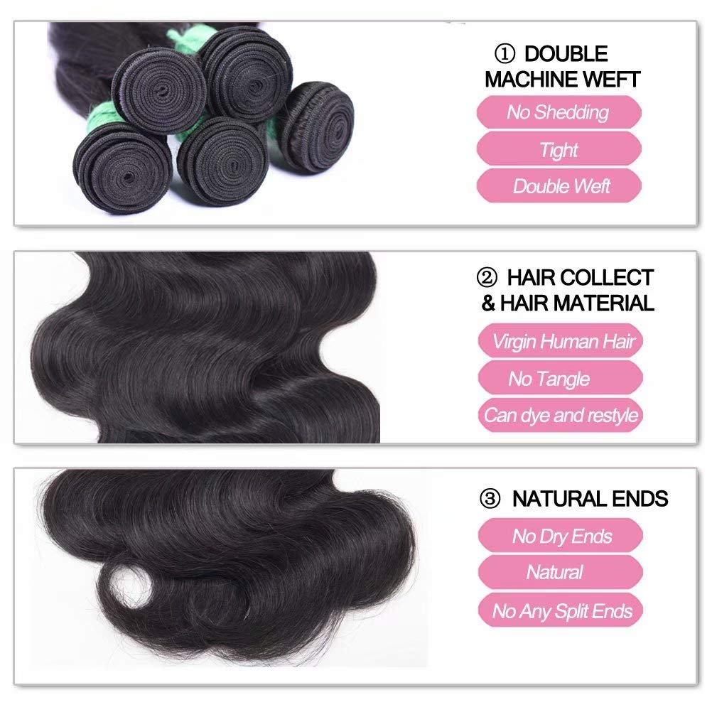 FEEL ME Brazilian Body Wave Hair 3 Bundles (14 16 18 Inch) - 100% Unprocessed Virgin Human Hair Weave - Natural Black Hair Extensions for Women - Perfect for Styling, Weaving & Protective Hairstyles