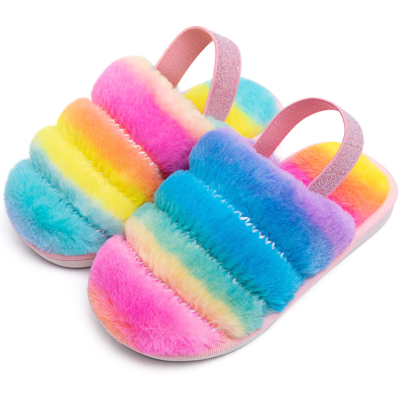 Kids Fluffy Fuzzy Slippers - Soft Faux Fur Open-Toe House Shoes for Boys & Girls | Non-Slip Slides with Adjustable Strap | Perfect for Indoor Play, Lounge & Home Comfort