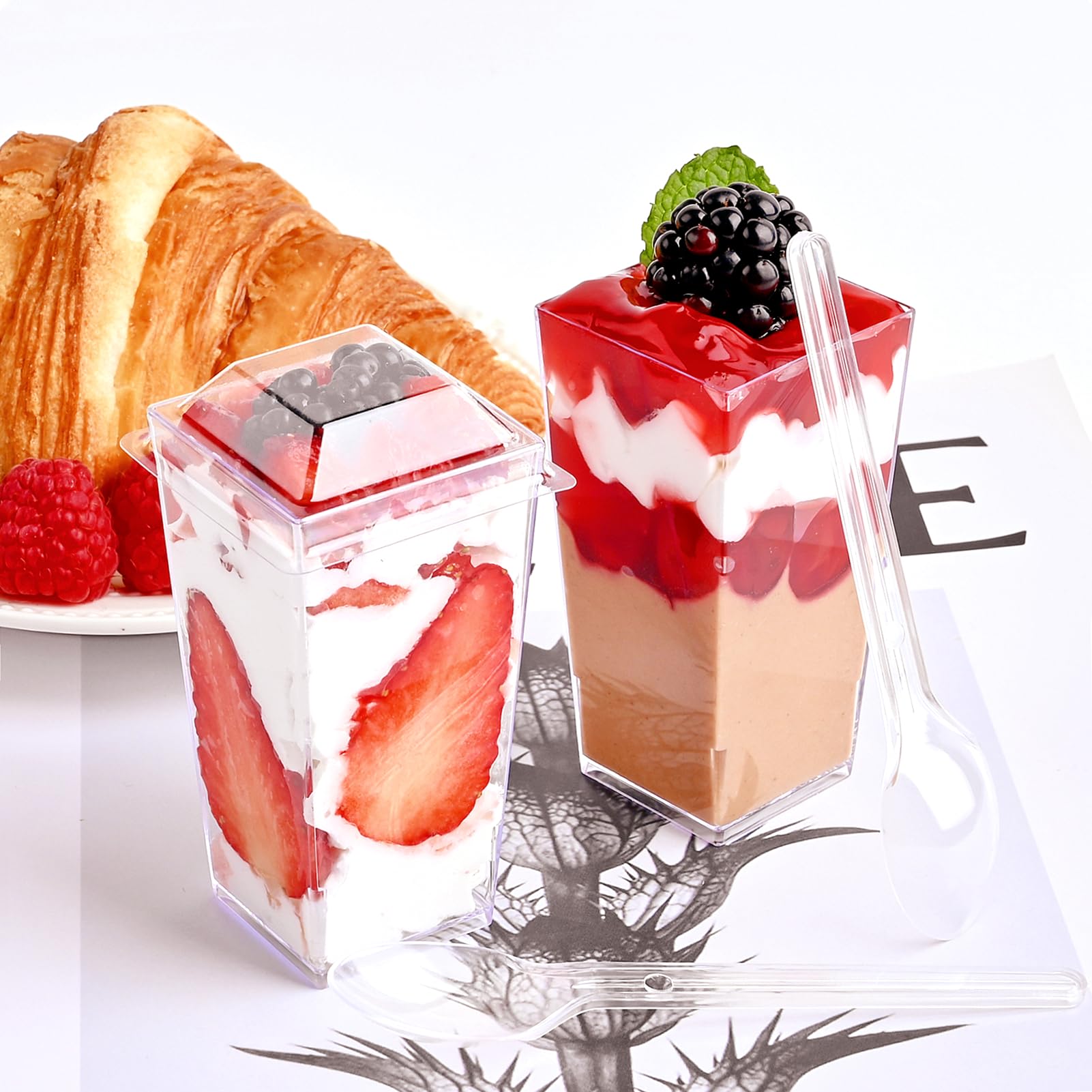 TOFLEN 50 Pack 3 oz Clear Plastic Square Mini Dessert Cups with Lids & Spoons - Perfect for Party, Yogurt, Parfait, Cheesecake, Pudding, Jello & Appetizers | Great for Catering, Wedding Favors, Baby Showers & Dessert Bars