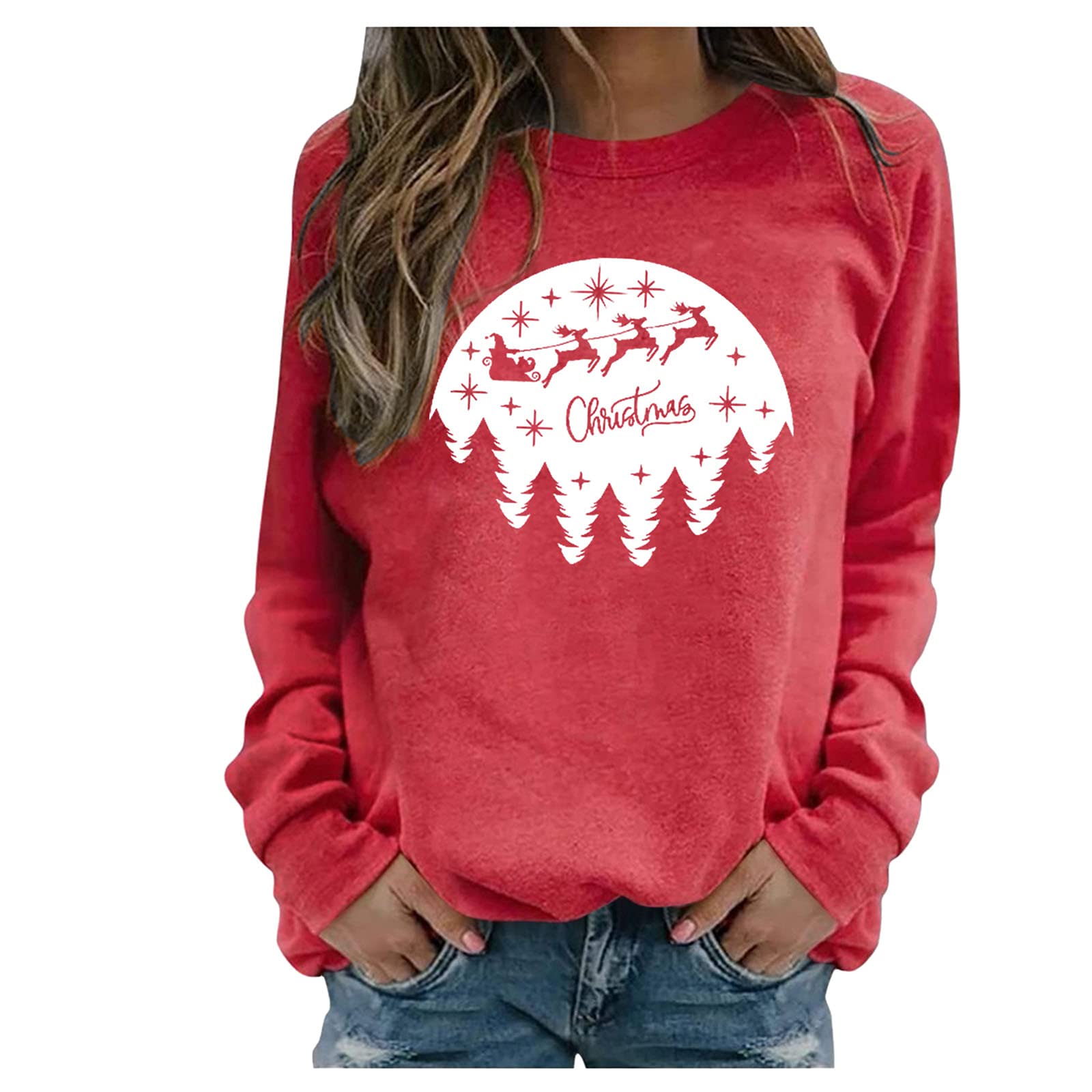 Winhurn Women's Long Sleeve Casual Pullover Sweatshirt - Christmas Print Crewneck Blouse for Everyday Wear & Holiday Outfits