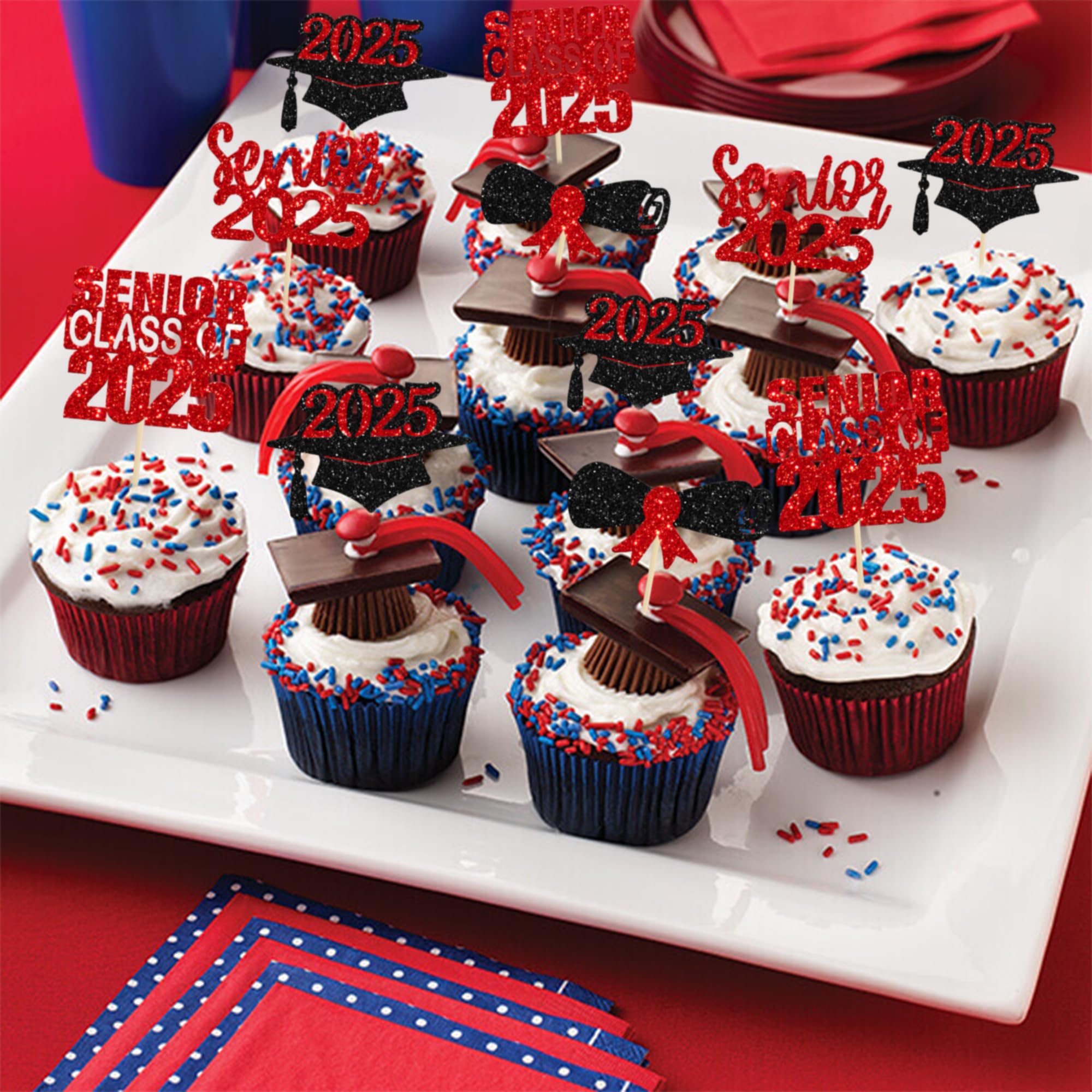 24 Pack 2025 Graduation Cupcake Toppers - Red Glitter Class of 2025 Senior Graduation Cap & Diploma Cake Decorations for Graduation Party, Birthday, School Celebration (24 Count)