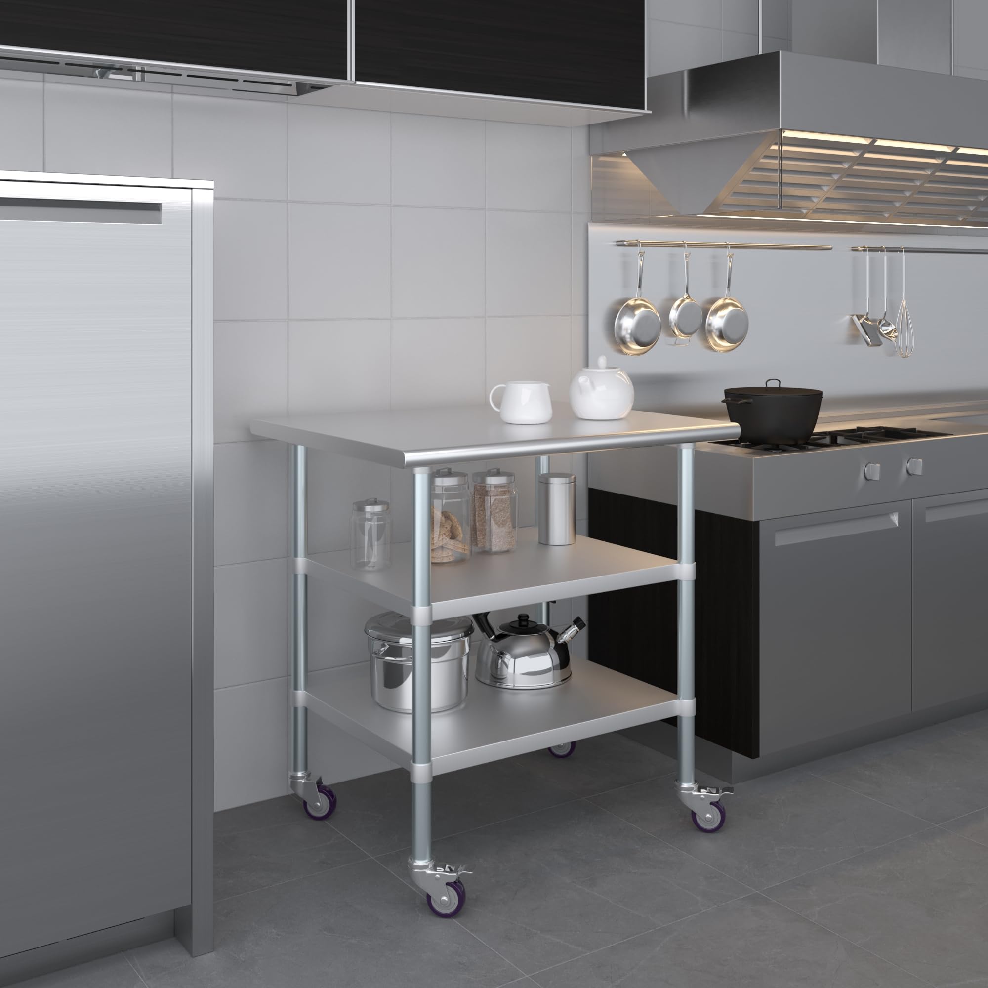 AmGood Stainless Steel Work Table with 2 Adjustable Shelves & Locking Casters | Heavy Duty Metal Utility Table 36
