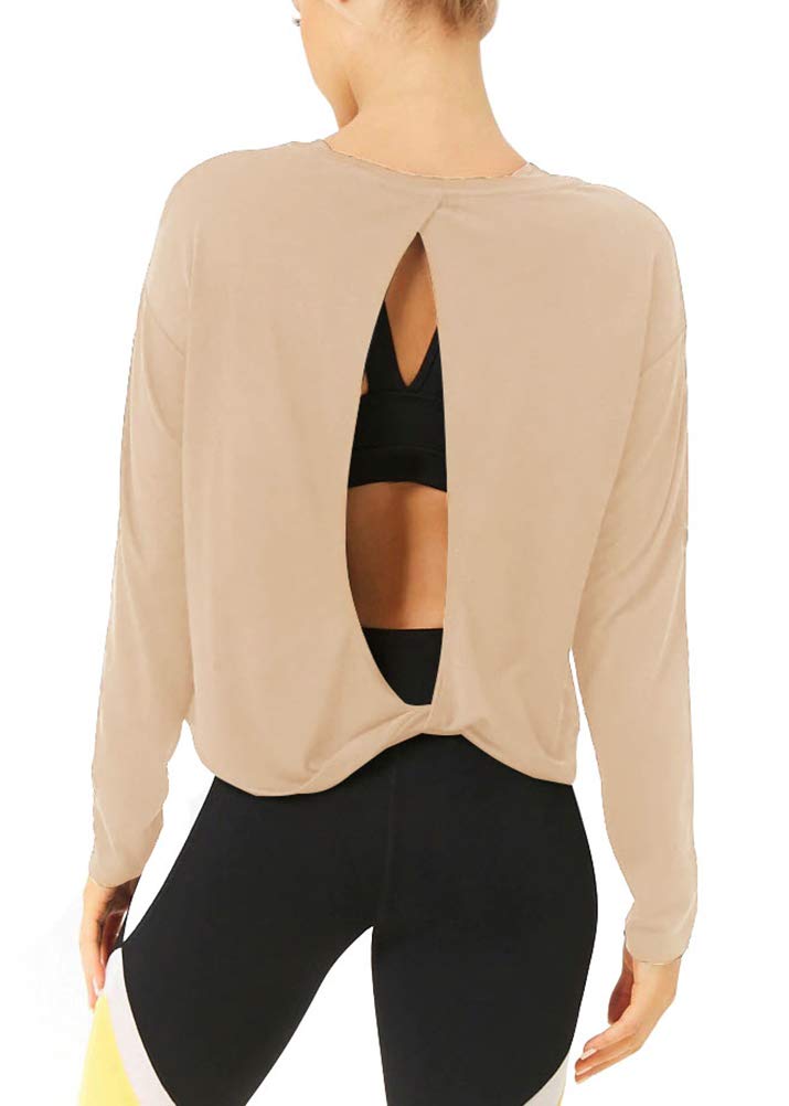 Bestisun Women's Long Sleeve Workout Shirts - Yoga & Dance Tops with Open Back Design - Breathable Athletic Clothes for Gym, Running & Fitness Training