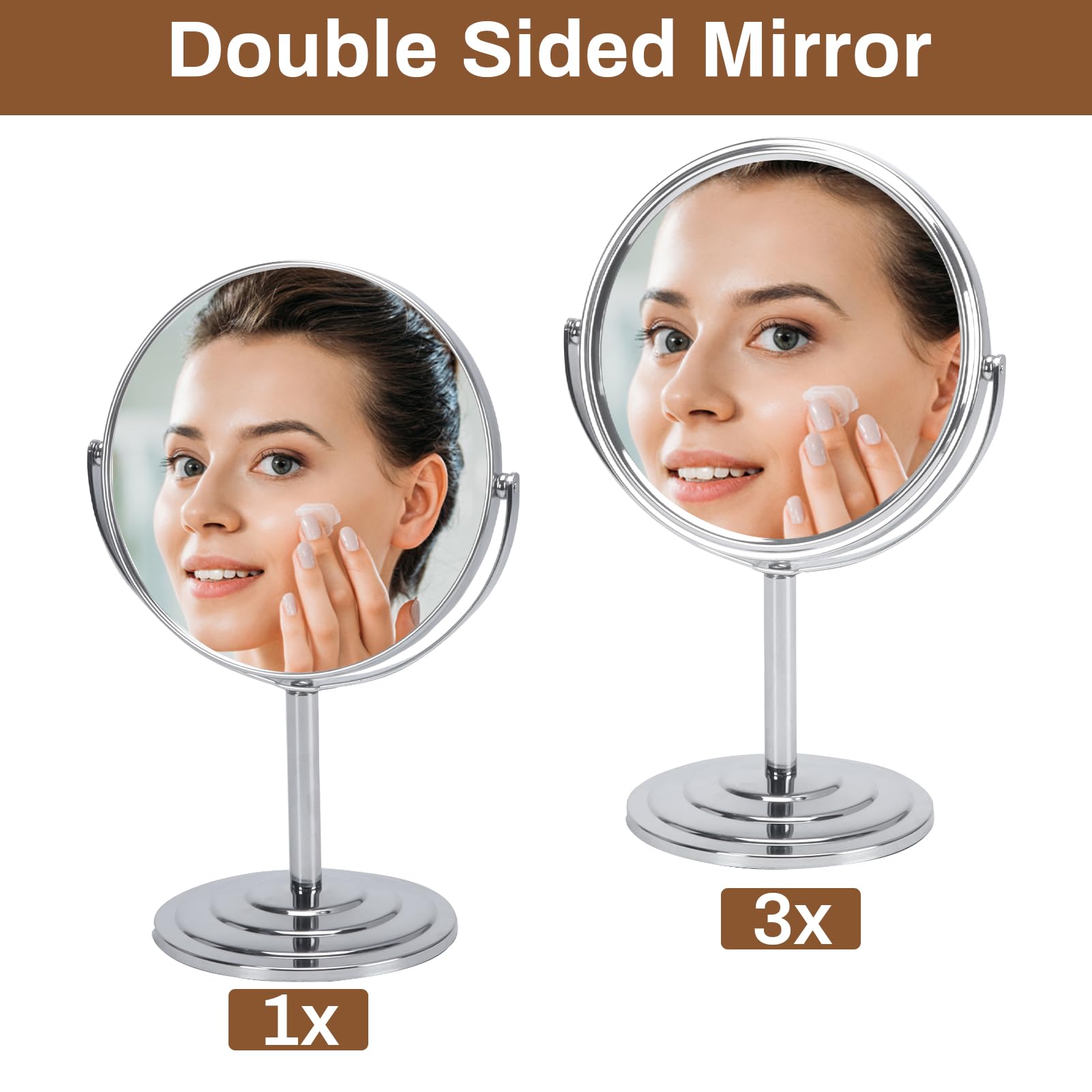 1X 3X Magnifying Makeup Mirror - 7 Inch Silver Vanity Mirror with Stand for Bathroom & Tabletop - Portable Double Sided Cosmetic Mirror for Precise Makeup Application, Eyebrow Shaping & Skincare Routine