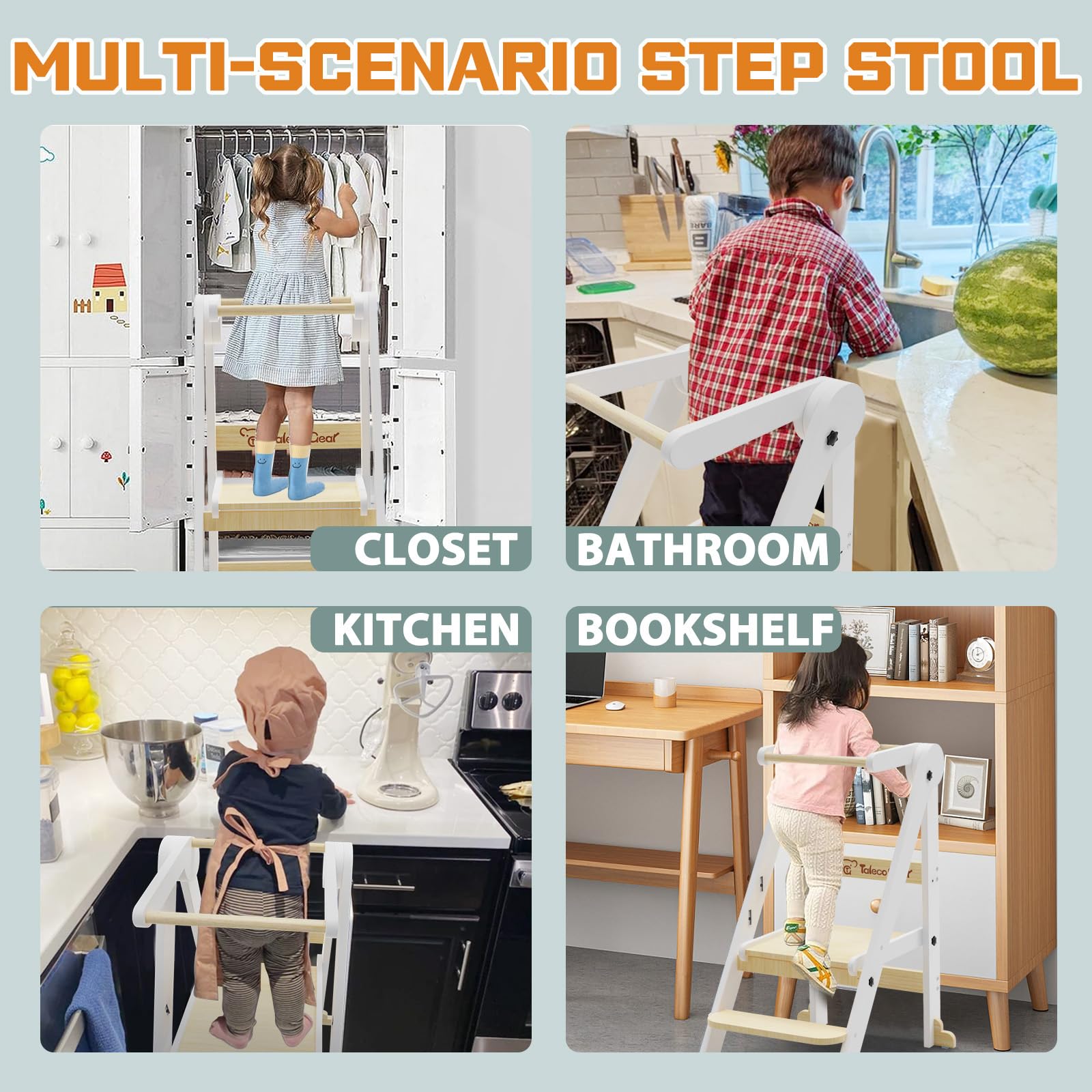 Taleco Gear Foldable Toddler Kitchen Stool Helper - 3 Adjustable Height Wooden Learning Tower for Kids | Collapsible Step Stool for Bathroom & Kitchen Safety (Natural Wood) | Perfect Montessori Helper for Baking, Washing Hands & Countertop Access