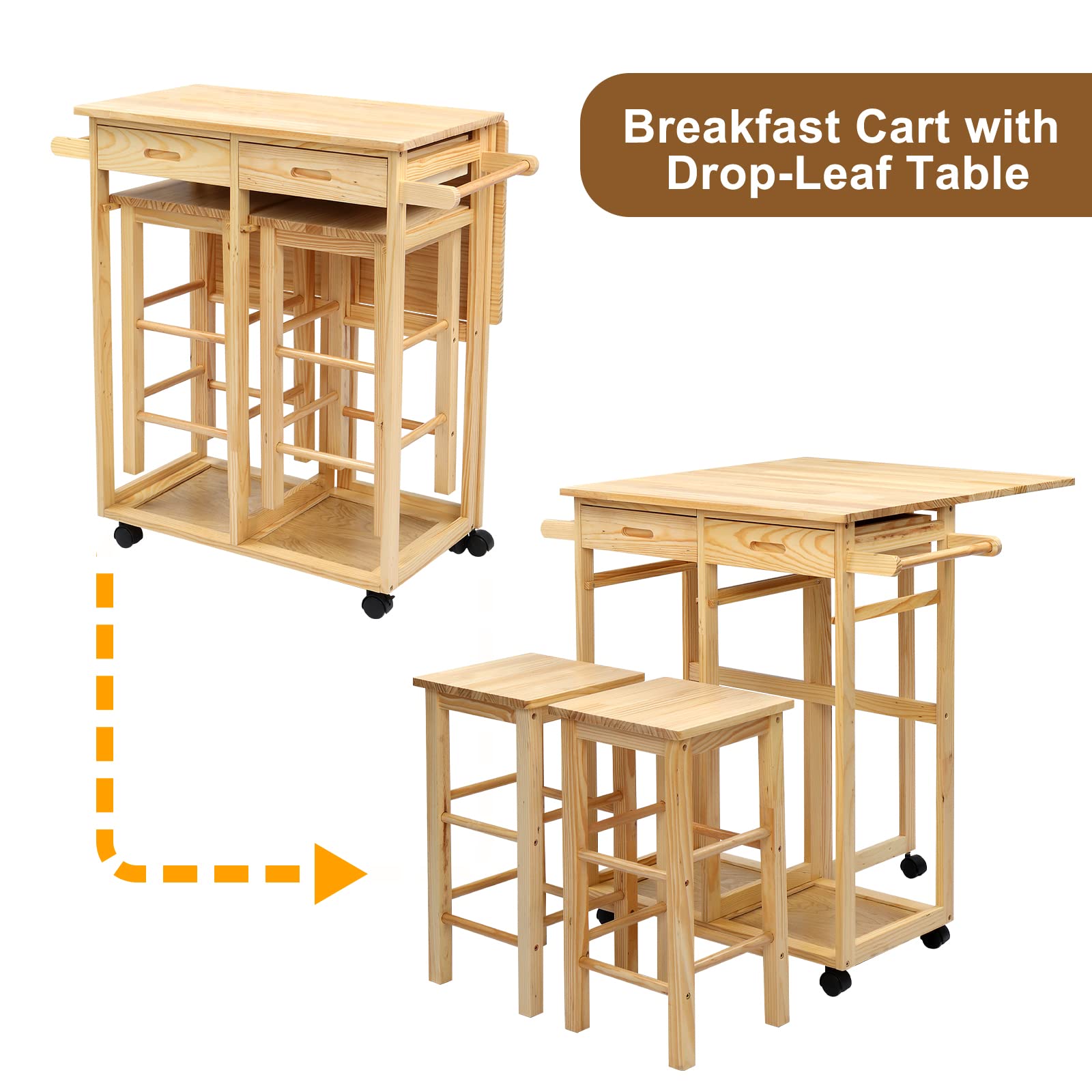 FCH Solid Wood Drop Leaf Kitchen Table with 2 Square Stools & 2 Drawers - Space-Saving Breakfast Bar, Dining Island Cart for Small Apartments & Compact Kitchens