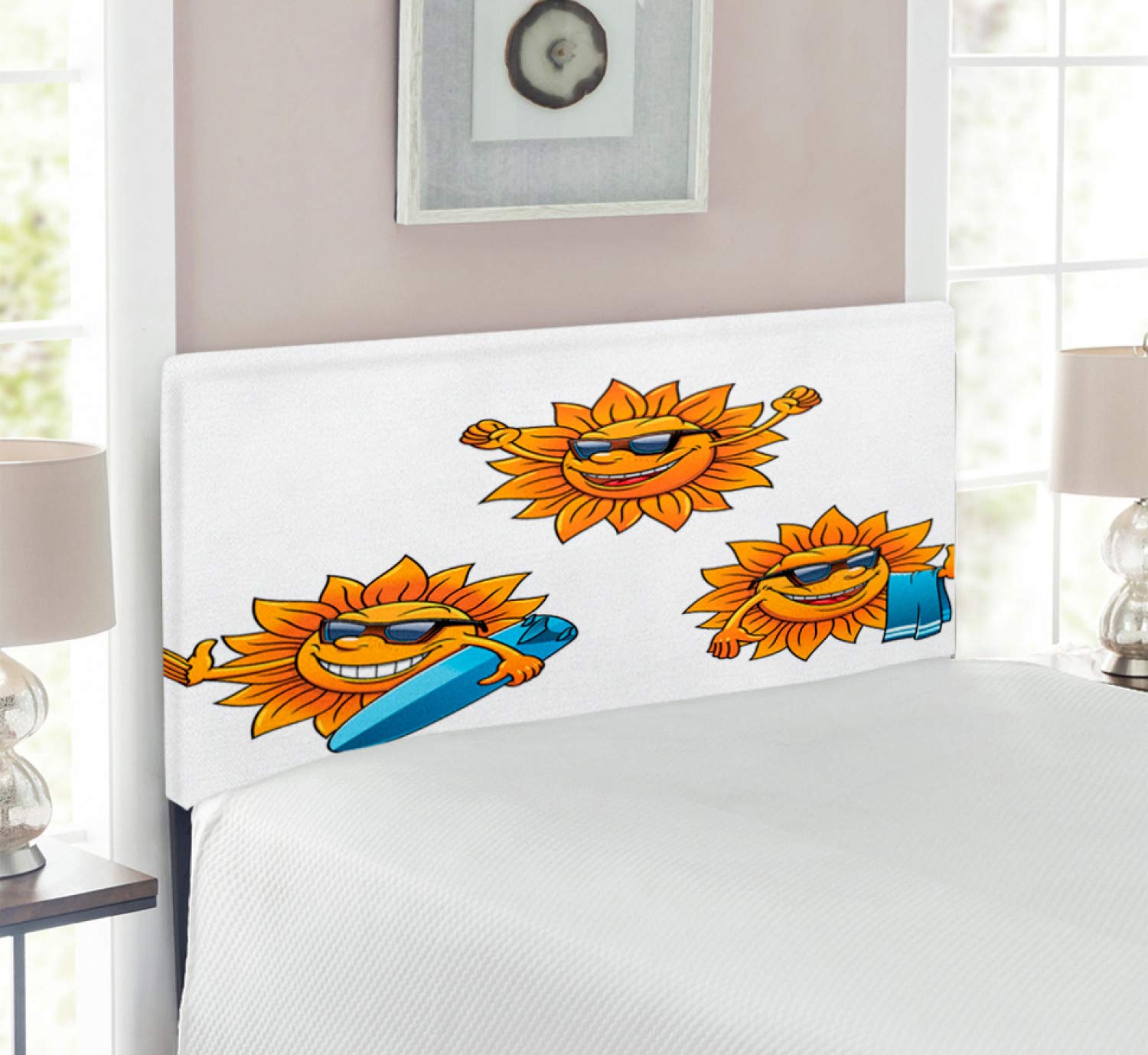 Ambesonne Cartoon Surf Sun Headboard - Fun Hippie Summer Design with Shades & Surfboards, Upholstered Decorative Metal Bed Frame with Memory Foam, Twin Size, Orange & White - Perfect for Beach Themed Bedrooms & Kids' Rooms