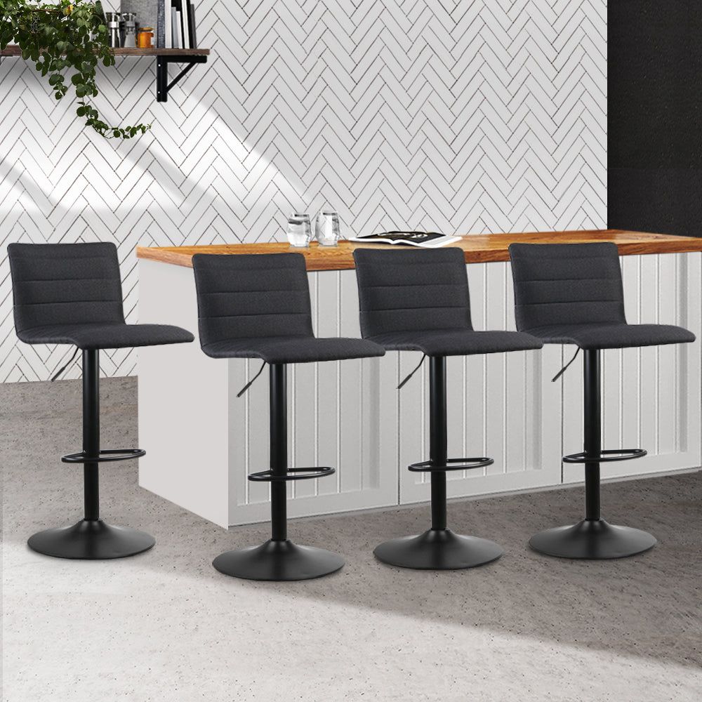 4 Bar Stools with Gas Lift Mechanism - Black Linen Fabric Counter Height Stools for Kitchen Island, Bar, or Dining Room