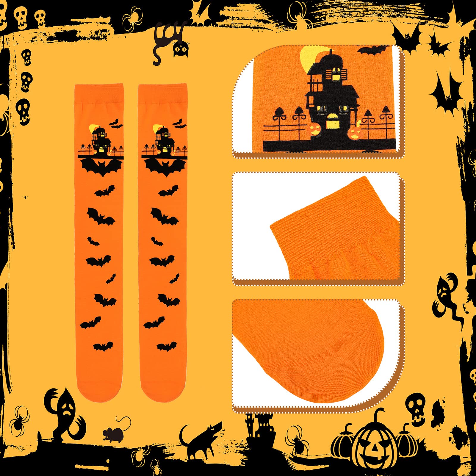 Newcotte 4 Pairs Halloween Thigh High Socks - Bat Skeleton Skull Over Knee Stockings for Women & Girls (Orange/White/Black) | Cosplay, Festival, Party Costume Accessories