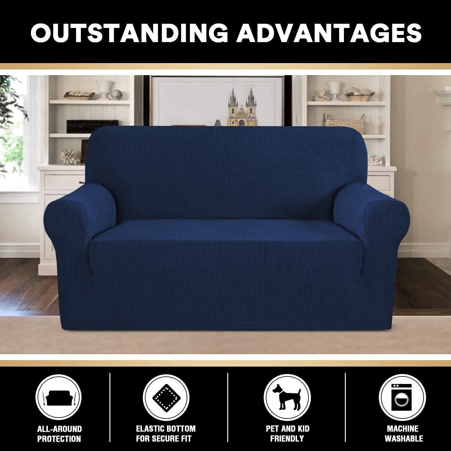 Stretch Loveseat Cover Sofa Slipcover Set - Plaid Pattern Furniture Protector | Removable & Washable Navy Blue | Perfect for Living Room, Dorm, or Office