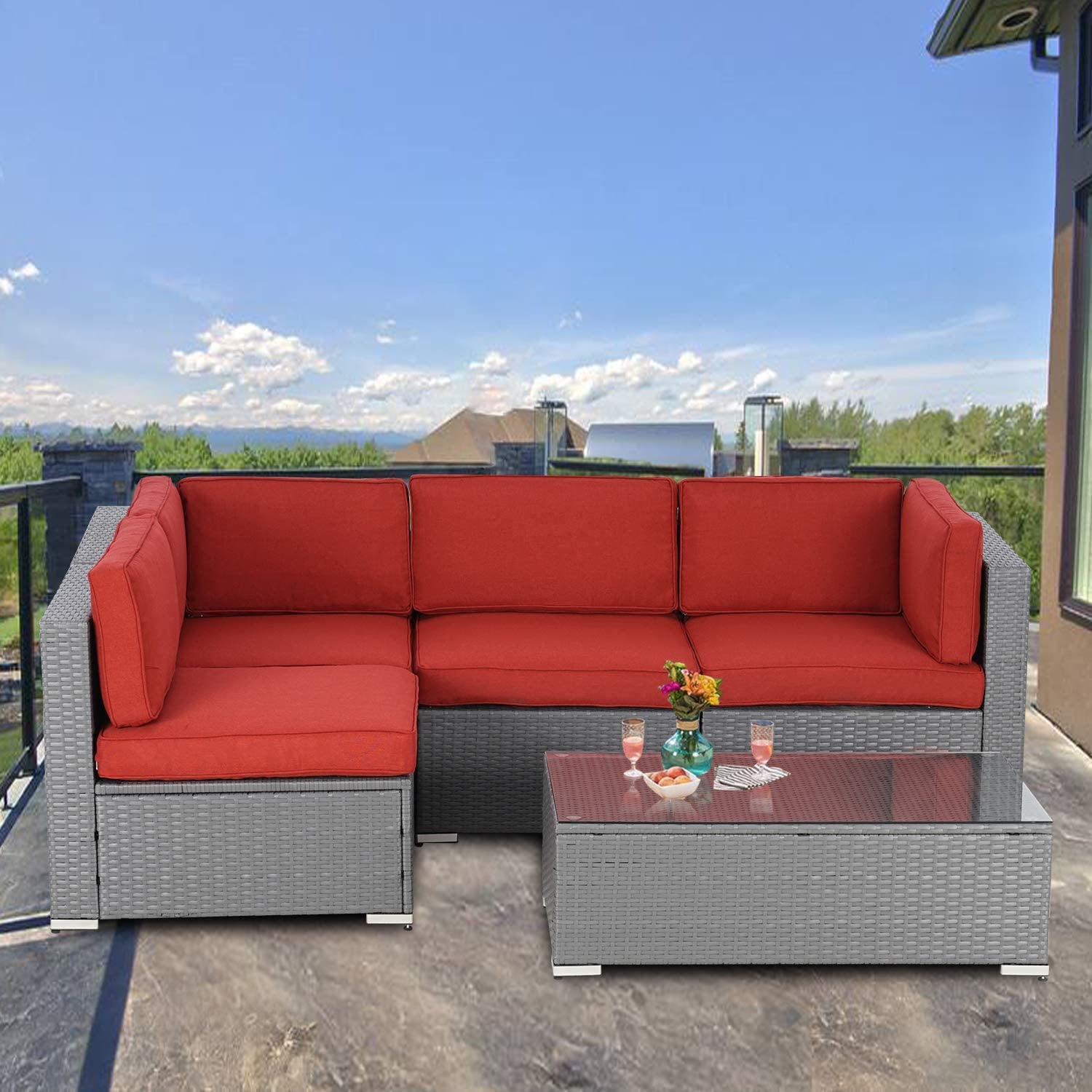 5-Piece All-Weather Outdoor Patio Furniture Set - Grey Wicker Sectional Sofa with Glass Coffee Table & Red Cushions - Perfect for Garden, Poolside, and Backyard Relaxation