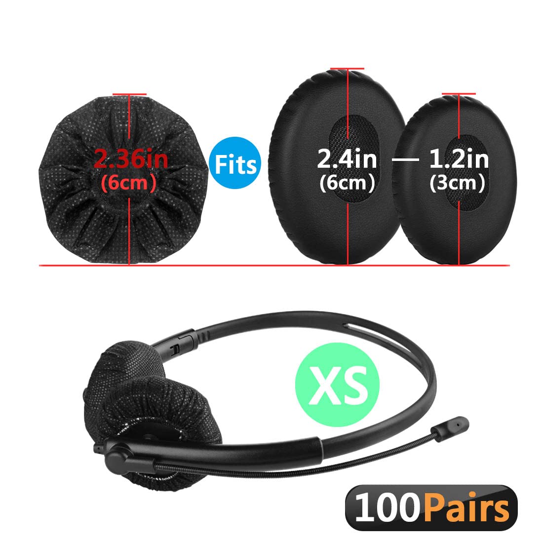 Geekria 100 Pairs Disposable Headphone Ear Covers for Small Call Center Headsets - Stretchable Sanitary Ear Pads, Hygienic Earcup Protectors (XS/Black) - Perfect for Call Centers, Offices & Shared Workspaces