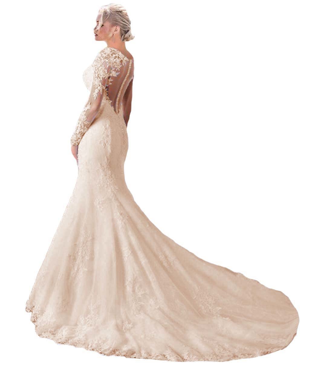 2024 Elegant Long Sleeve Mermaid Wedding Dress with Sheer Back - Romantic Bridal Gown for Women - Perfect for Beach, Church, and Formal Wedding Ceremonies