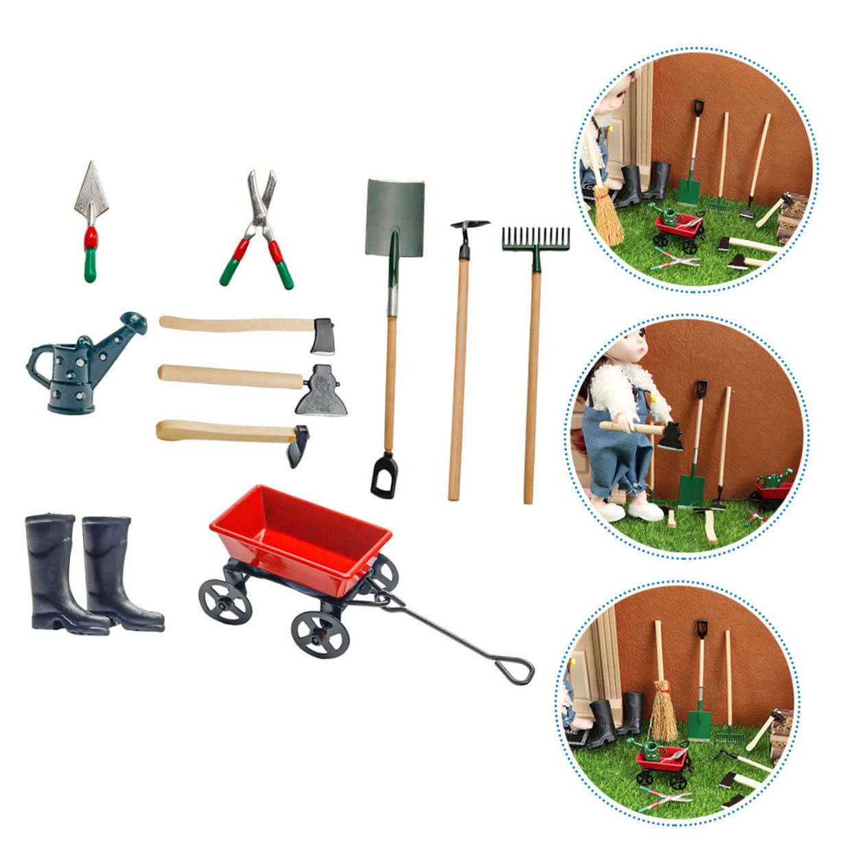 Miniature Gardening Tools Set - Dollhouse Garden Accessories with Wheelbarrow, Watering Can & Shovels | Perfect for Mini Fairy Gardens, DIY Terrariums & Dollhouse Landscaping Projects