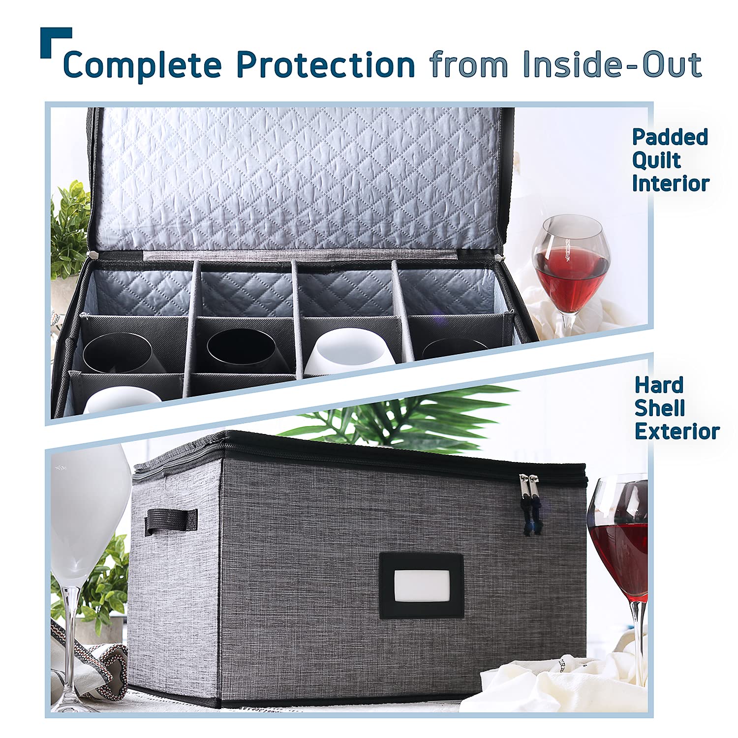 Premium 12-Piece Wine Glass Storage Box with Dividers - Quilted & Stackable Stemware Organizer for Moving, Seasonal Storage | Hard Shell China Storage Containers for Safe Transport & Home Bar Organization