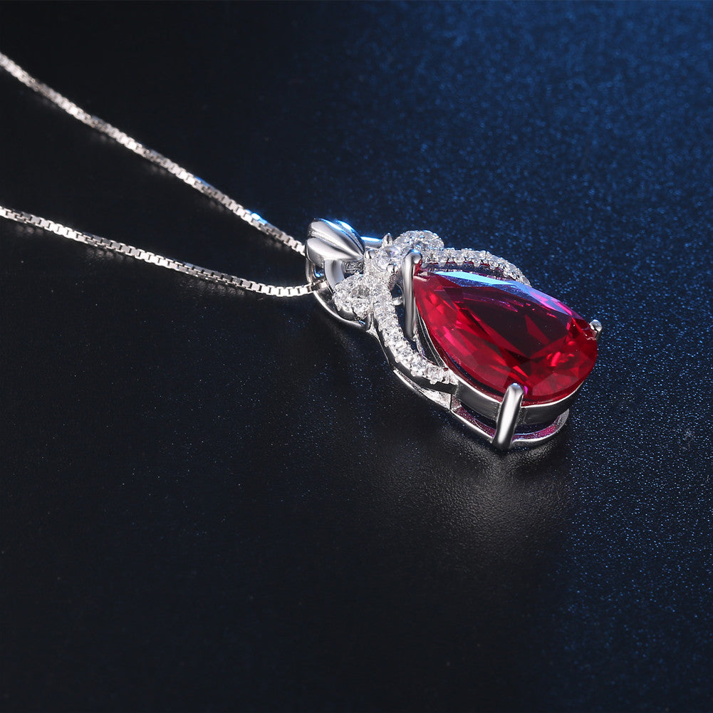 Simulated Teardrop Ruby Pendant Necklace - Sterling Silver Crown Jewelry for Women | July Birthstone Gift | Elegant Necklace for Birthday, Anniversary & Special Occasions