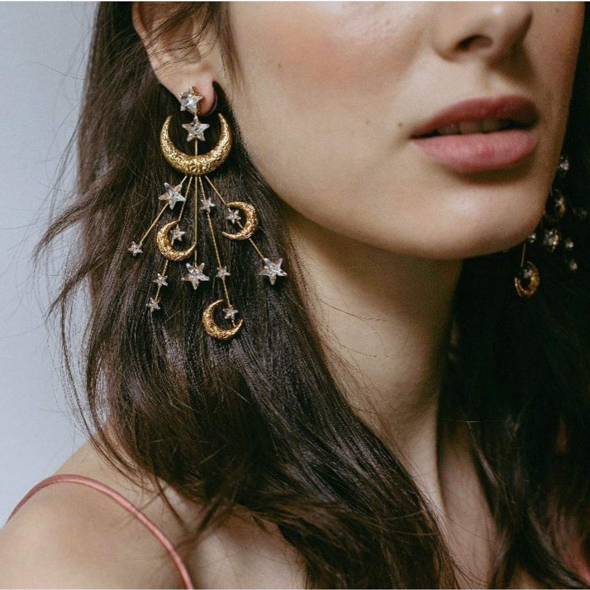 Swarovski Crystal Gold Plated Crescent Moon & Cubic Zirconia Star Drop Earrings for Women - Vintage Statement Dangle Jewelry - Perfect Gift for Birthday, Anniversary & Party Occasions