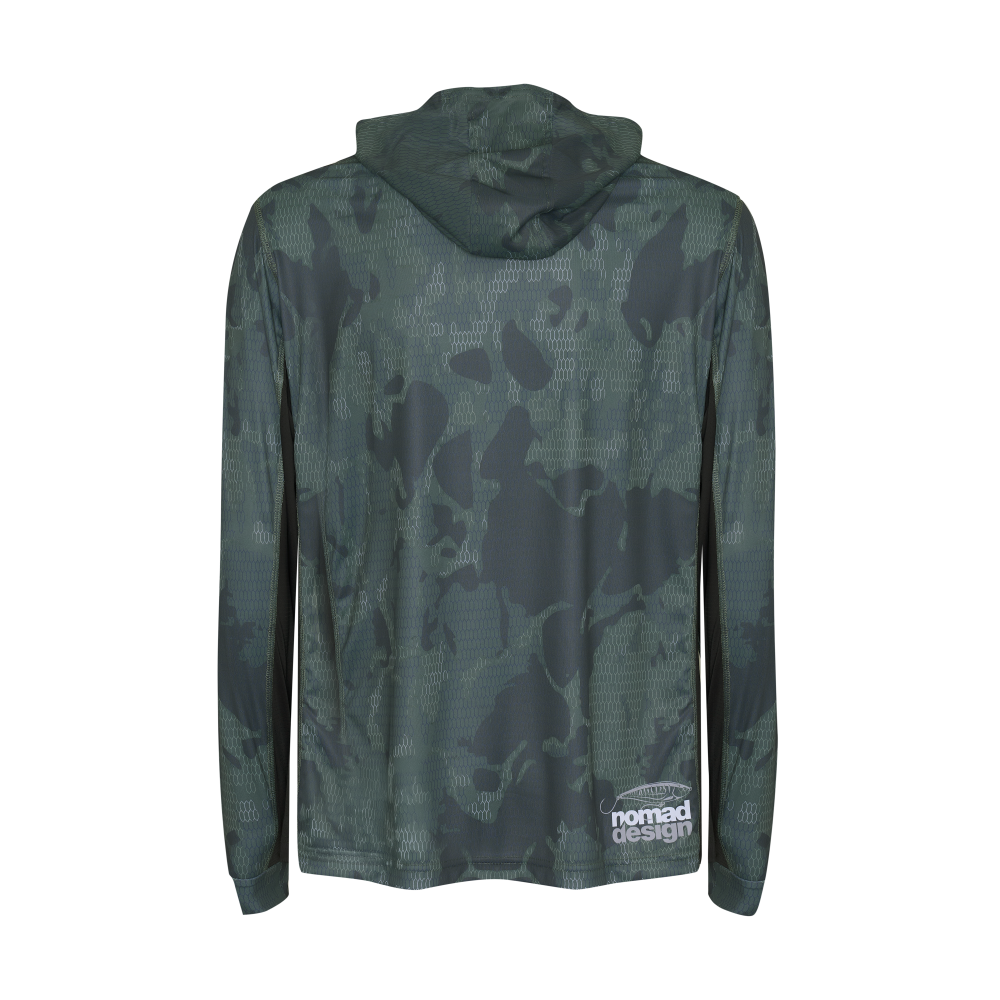 Men's Hooded Tech Fishing Shirt - UPF 50+ Sun Protection, Quick-Dry & Breathable - Forest Camouflage Design for Outdoor Activities, Hiking, and Camping