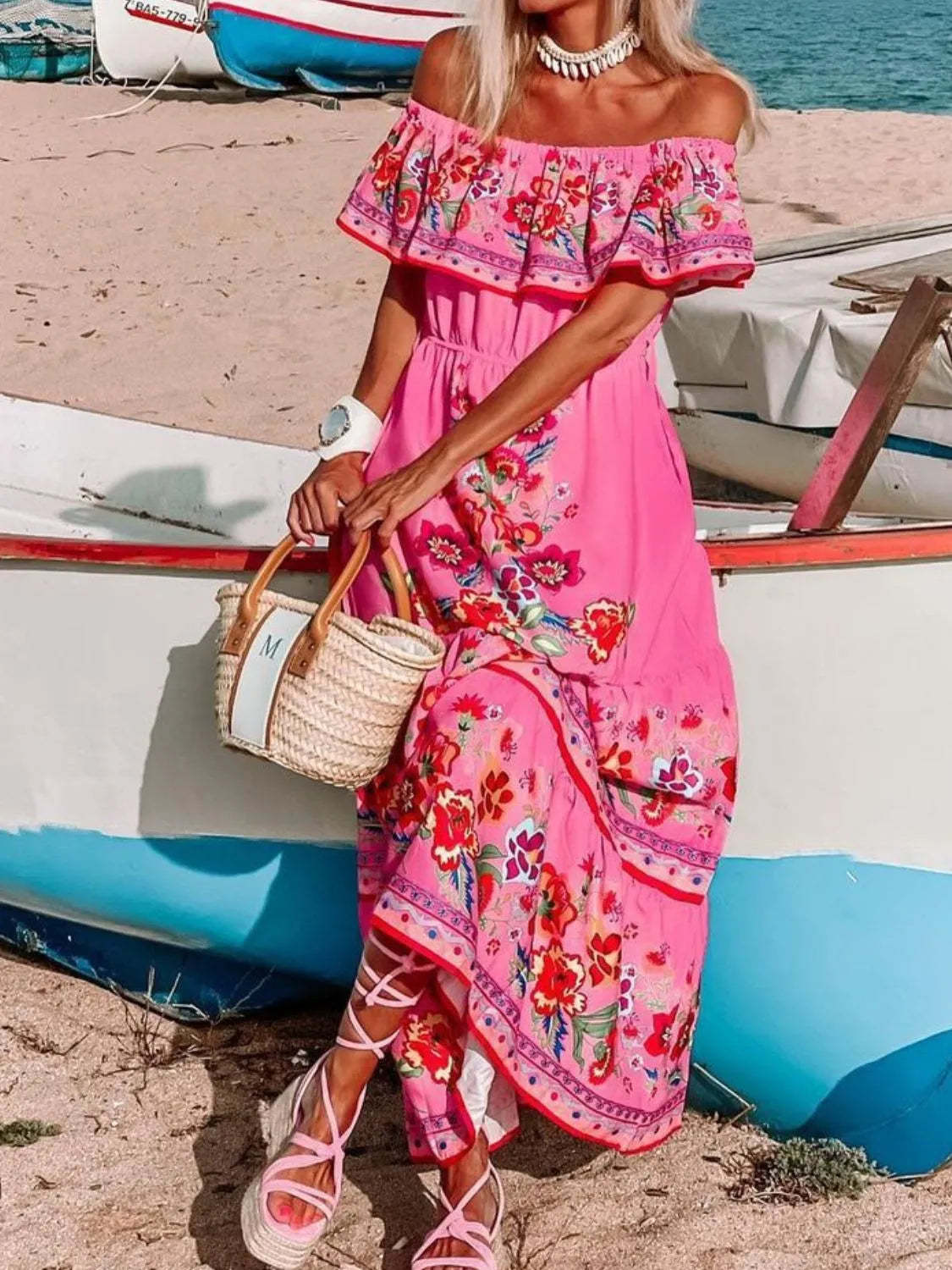 Floral Off Shoulder Ruffle Maxi Dress for Women - Summer Beach Vacation, Resort Wear & Boho Party Outfit