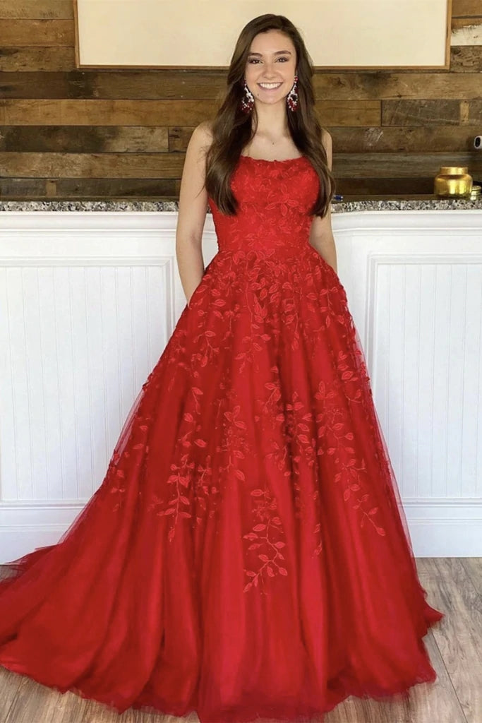 2025 Red Lace Prom Dress A-Line Floor Length Evening Gown for Homecoming, Formal Dances & Special Occasions
