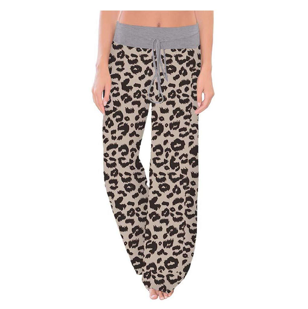 Women's Casual Linen Pants - Stretchy Comfy Wide Leg Lounge Pants with Drawstring & Leopard Print - Perfect for Yoga, Home Wear, and Relaxing Outfits