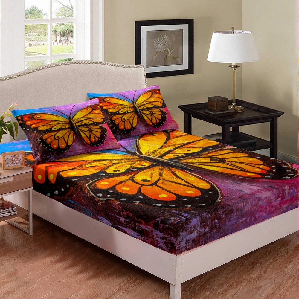 Butterfly Bedding Set for Kids - Twin XL Size 2-Piece Microfiber Sheet Set with Wild Insect Theme (1 Fitted Sheet + 1 Pillowcase) - Modern Oil Painting Design for Boys & Girls - Perfect for Kids' Bedrooms, Sleepovers, and Themed Decor
