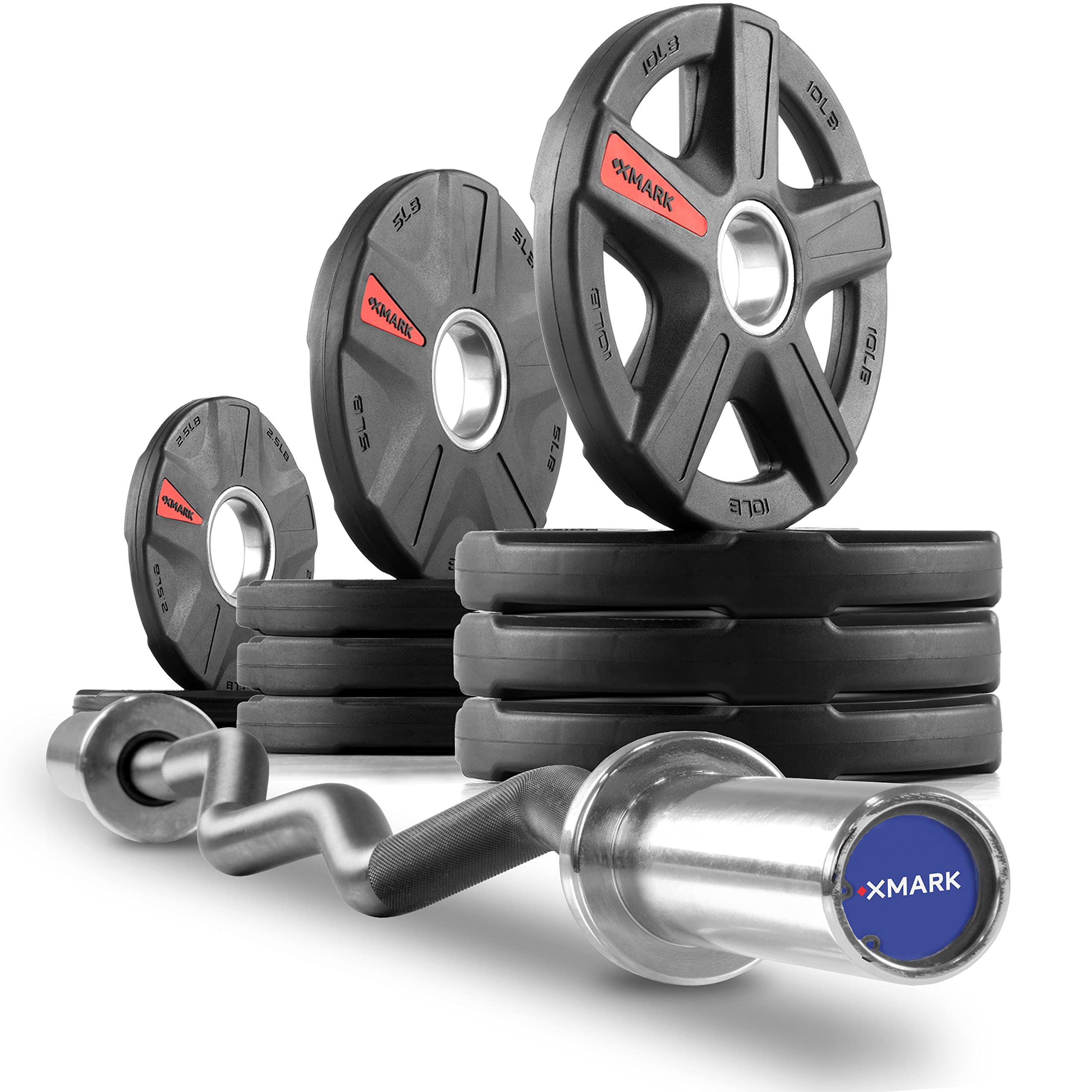 XMark Olympic Weight Set with EZ Curl Bar - 300LB Texas Star Weight Plates & 2