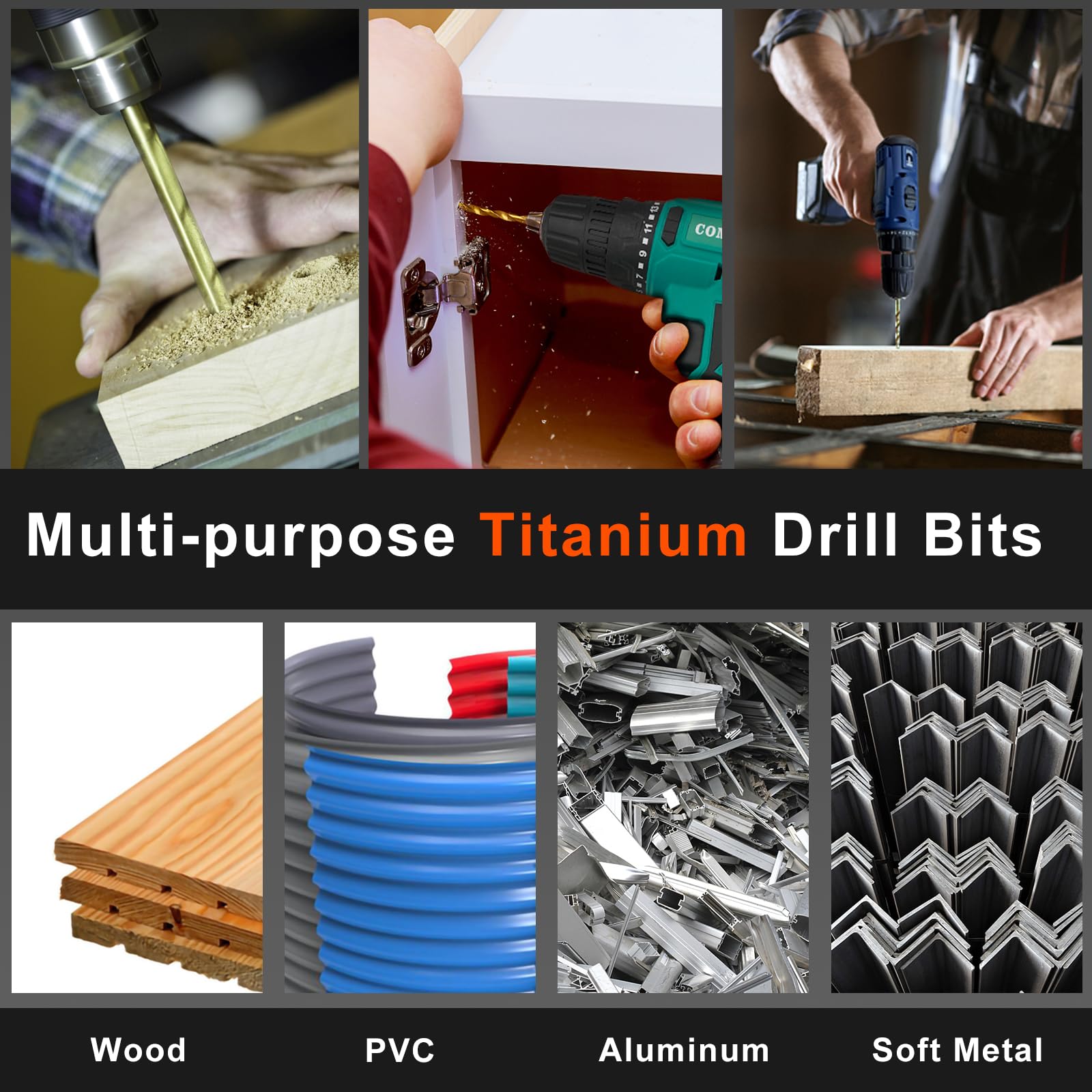 COMOWARE 16-Piece Titanium Twist Drill Bit Set - High Speed Steel Hex Shank for Wood, Plastic & Aluminum Alloy - Quick Change (1/16