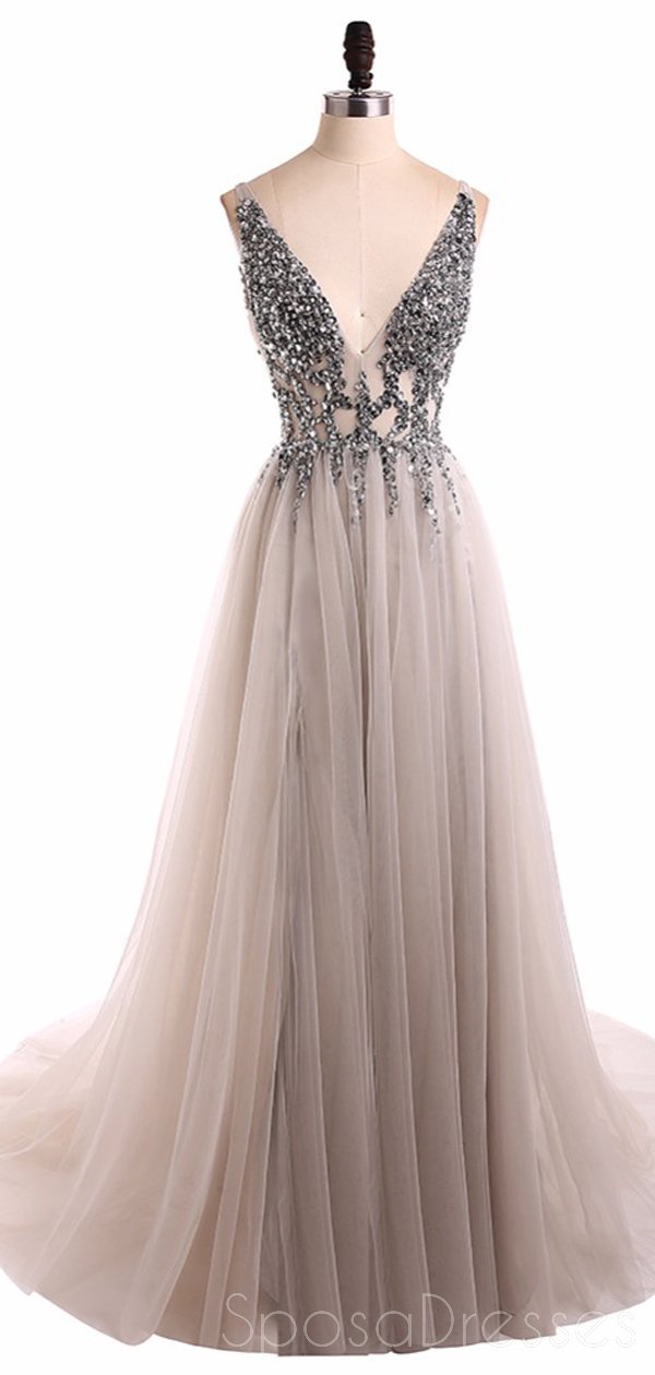 Elegant Grey V-Neck Beaded Long Evening Prom Dress for Women - Sexy See-Through Sweet 16 Dresses - Perfect for Formal Events, Parties & Special Occasions (Style 18351)