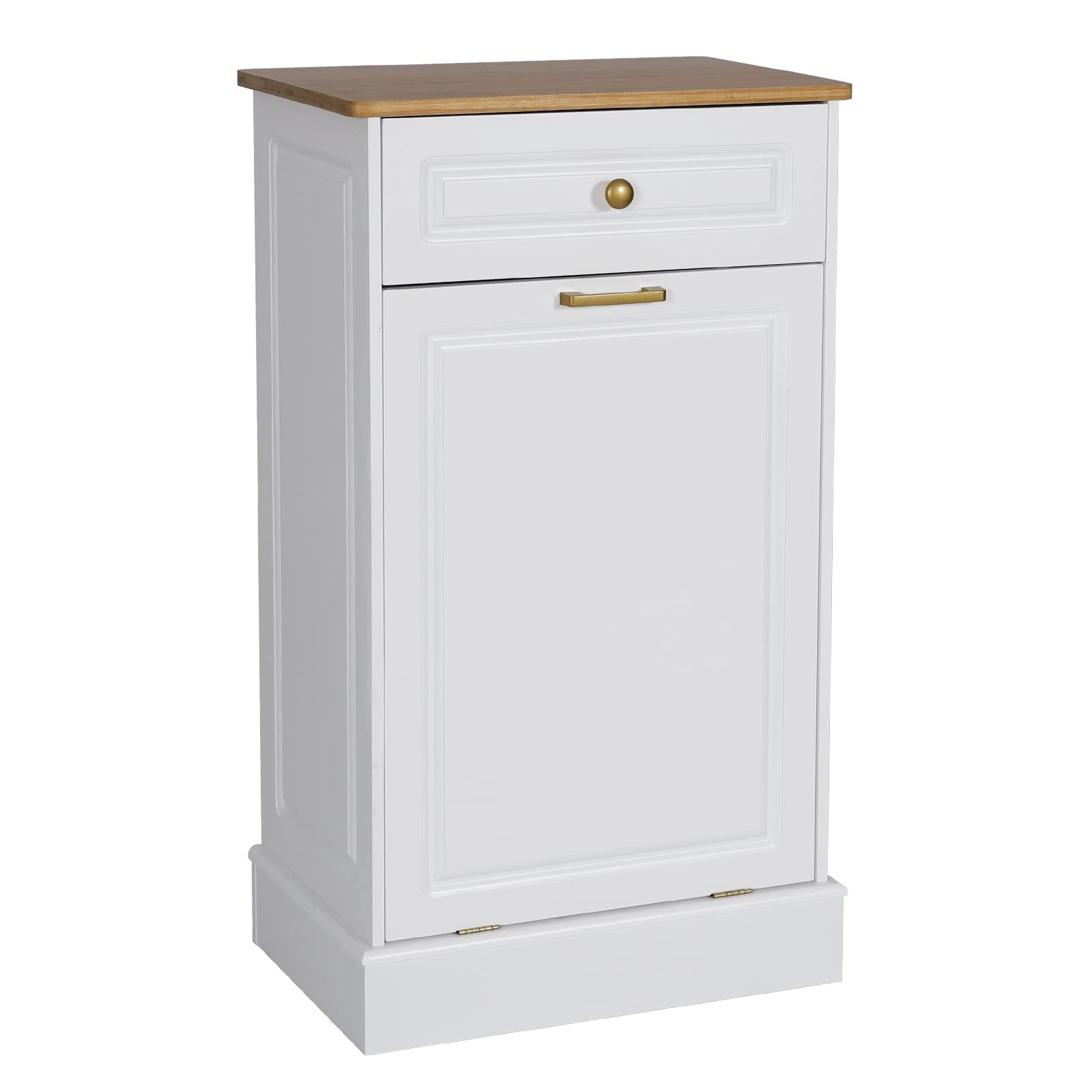 UEV White Wooden Tilt-Out Trash Cabinet - Free Standing Kitchen Trash Can Holder & Recycling Bin Organizer with Hideaway Drawer - Perfect for Small Spaces, Pantries & Eco-Friendly Homes