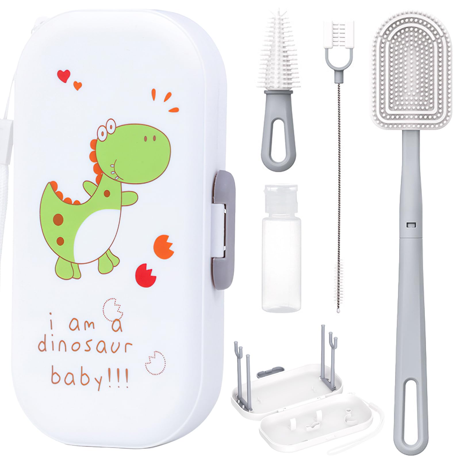 6-in-1 Travel Baby Bottle Brush Cleaning Kit with Silicone Brush, Nipple Brush, Straw Brush, Drying Rack & Organizer | Portable Bottle Cleaner for Breastfeeding Moms | Perfect for Travel, Daycare & On-the-Go Feeding Essentials