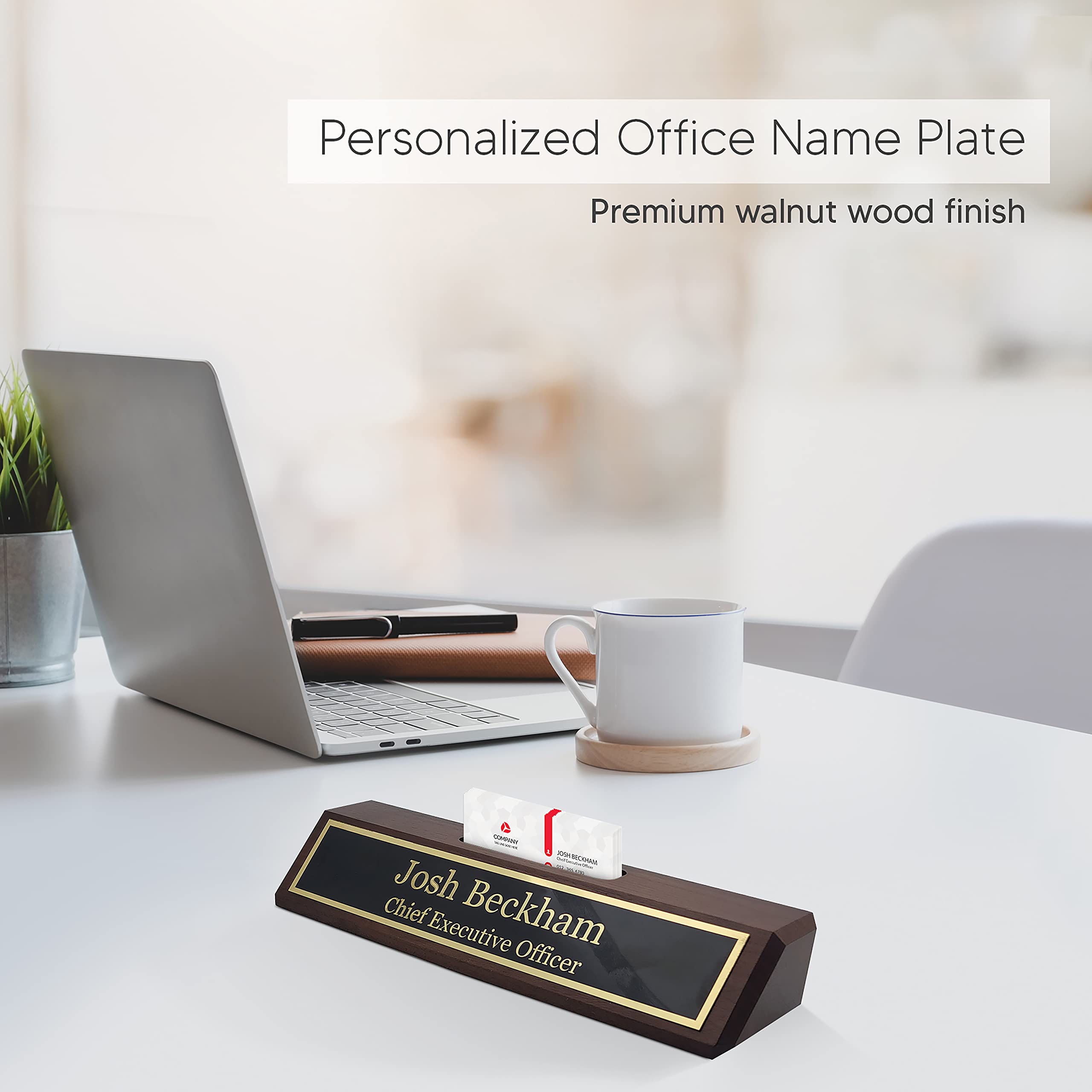 Custom Engraved Wooden Name Plate for Office Desk | Personalized Business Name Sign with Card Holder - 2
