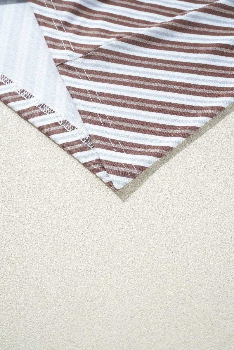 Women's Chestnut Striped V-Neck Short Sleeve Blouse - Casual Summer Tops for Work, Date Night & Weekend Outings