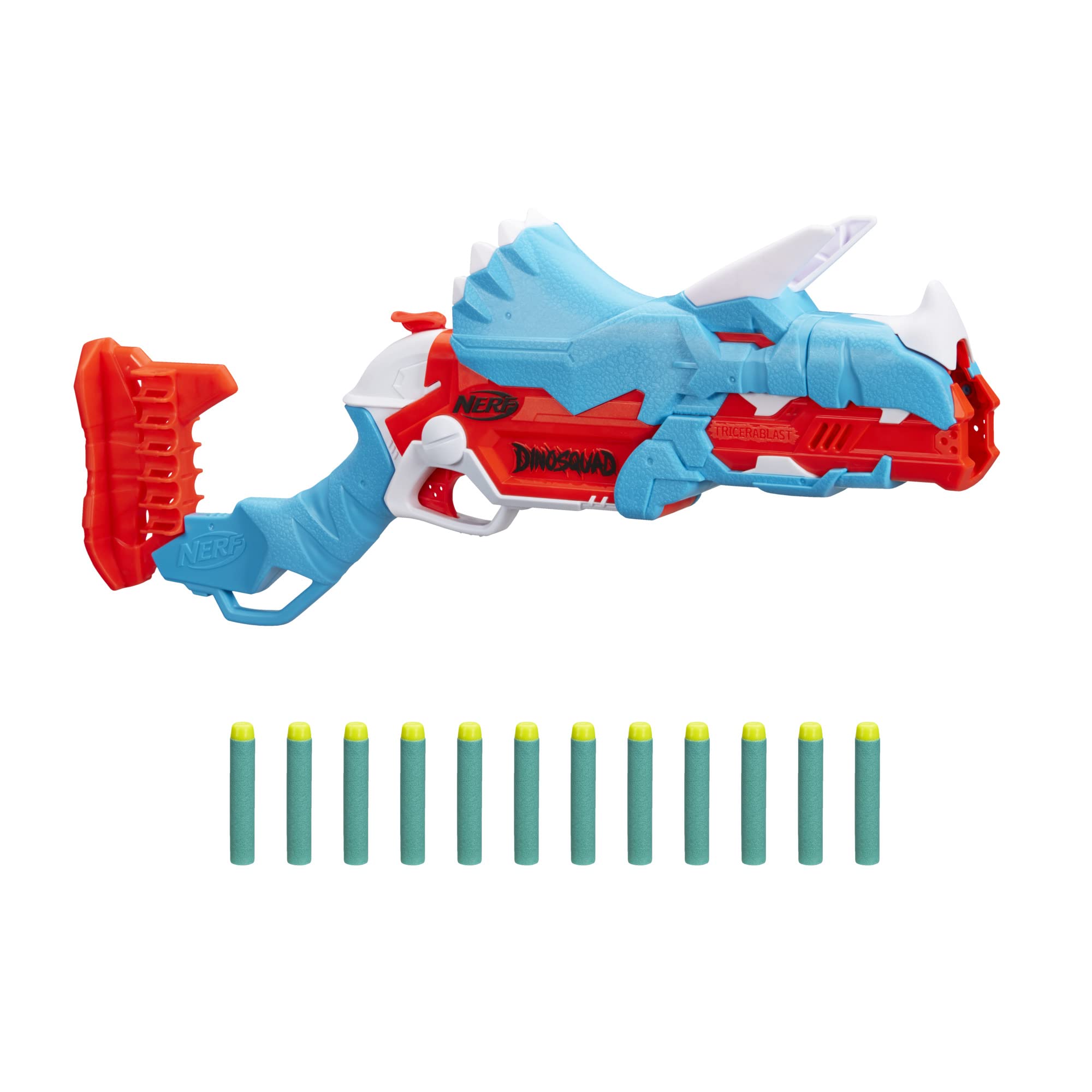 Nerf DinoSquad Tricera-Blast Dart Blaster with 12 Elite Darts - Outdoor Toy for Kids Ages 8+ - Dinosaur-Themed Foam Blaster for Boys and Girls - Perfect for Backyard Battles and Pretend Play