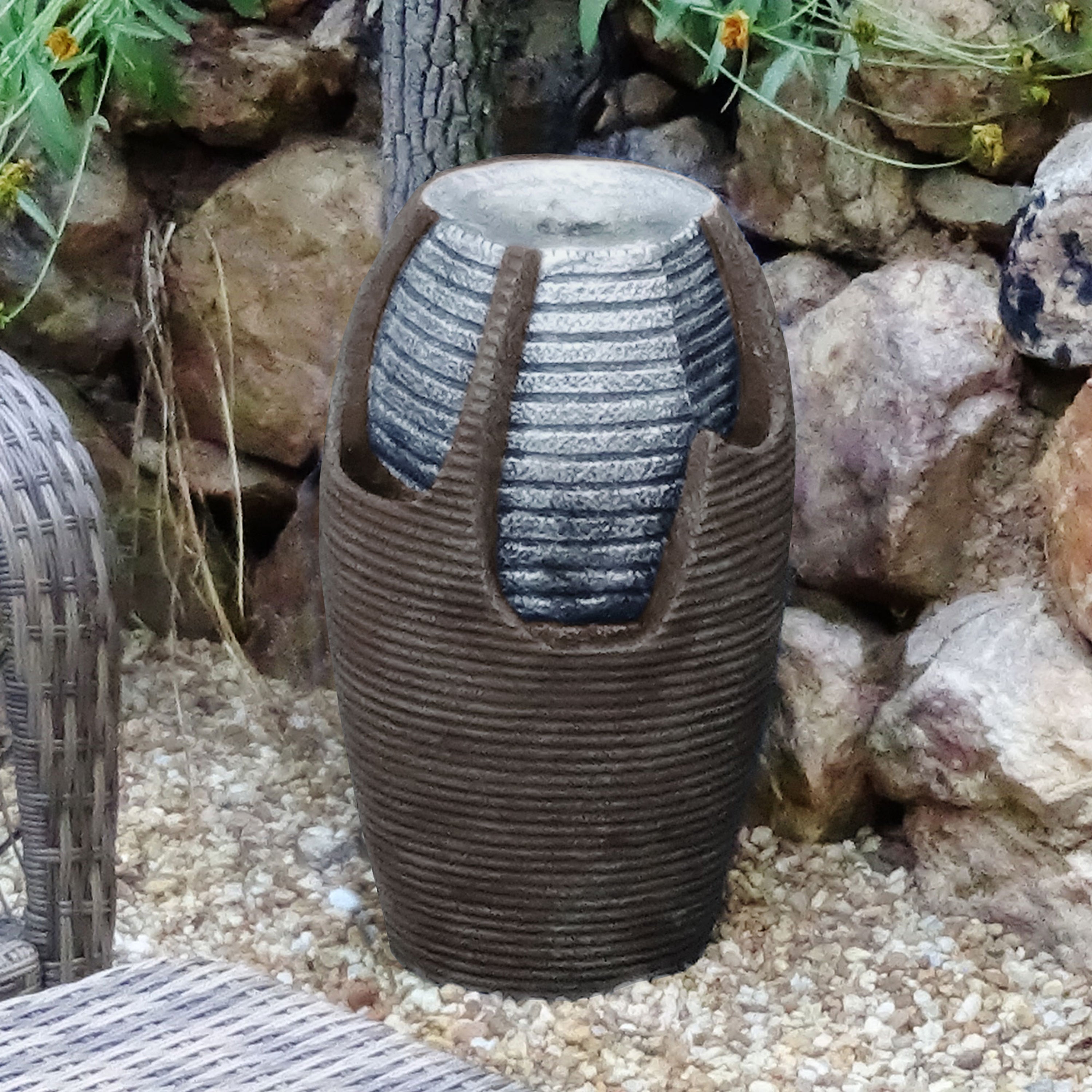 Sunnydaze Solar Bubbling Pot Fountain with Battery Backup - Outdoor Garden Decor for Patio, Yard, and Landscape Water Feature