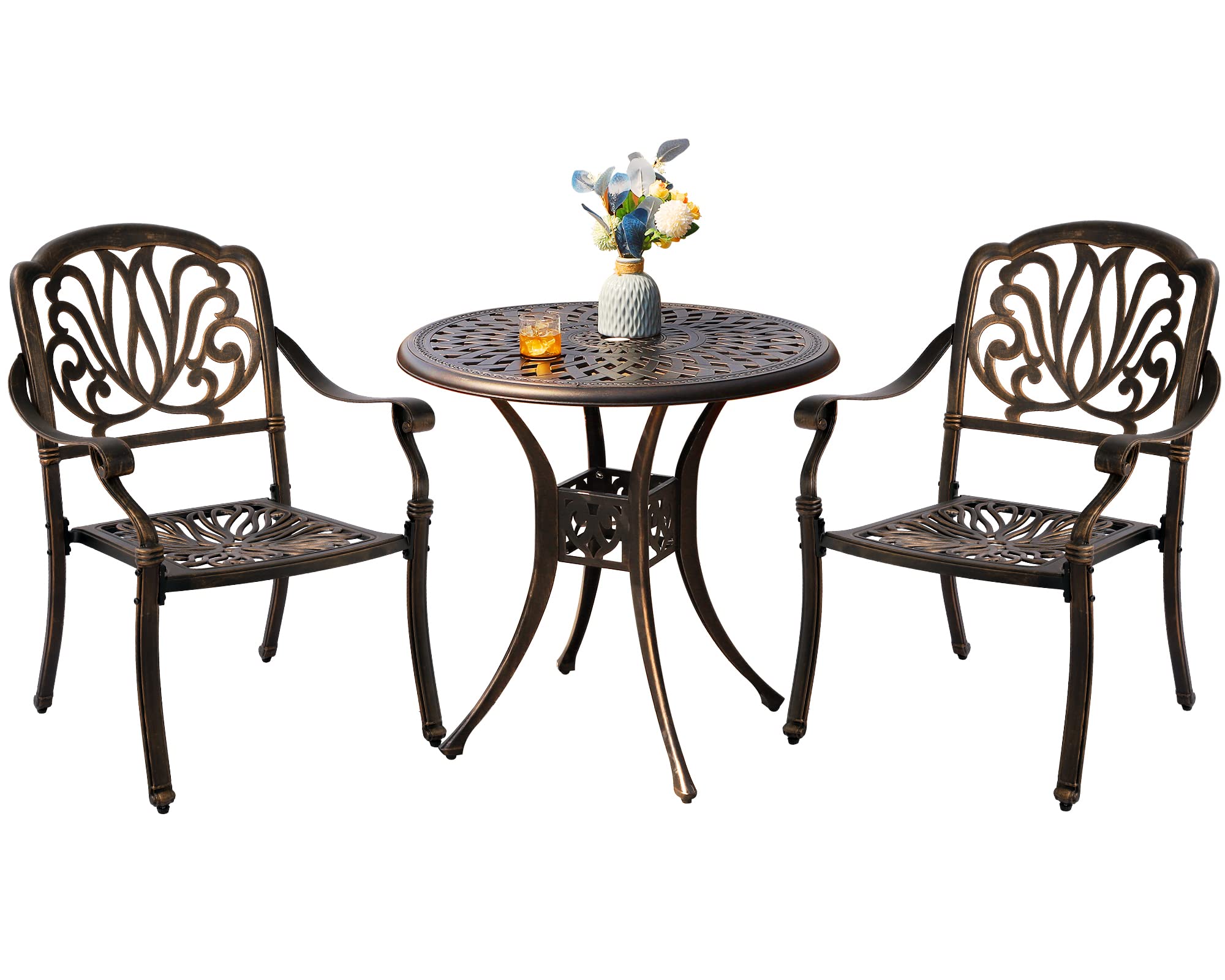 Grepatio 3-Piece All-Weather Cast Aluminum Outdoor Dining Set - 2 Patterned Back Chairs & 1 Bistro Table with Umbrella Hole - Patio, Garden, Poolside Furniture in Antique Bronze - Perfect for Backyard BBQs, Outdoor Entertaining & Relaxation