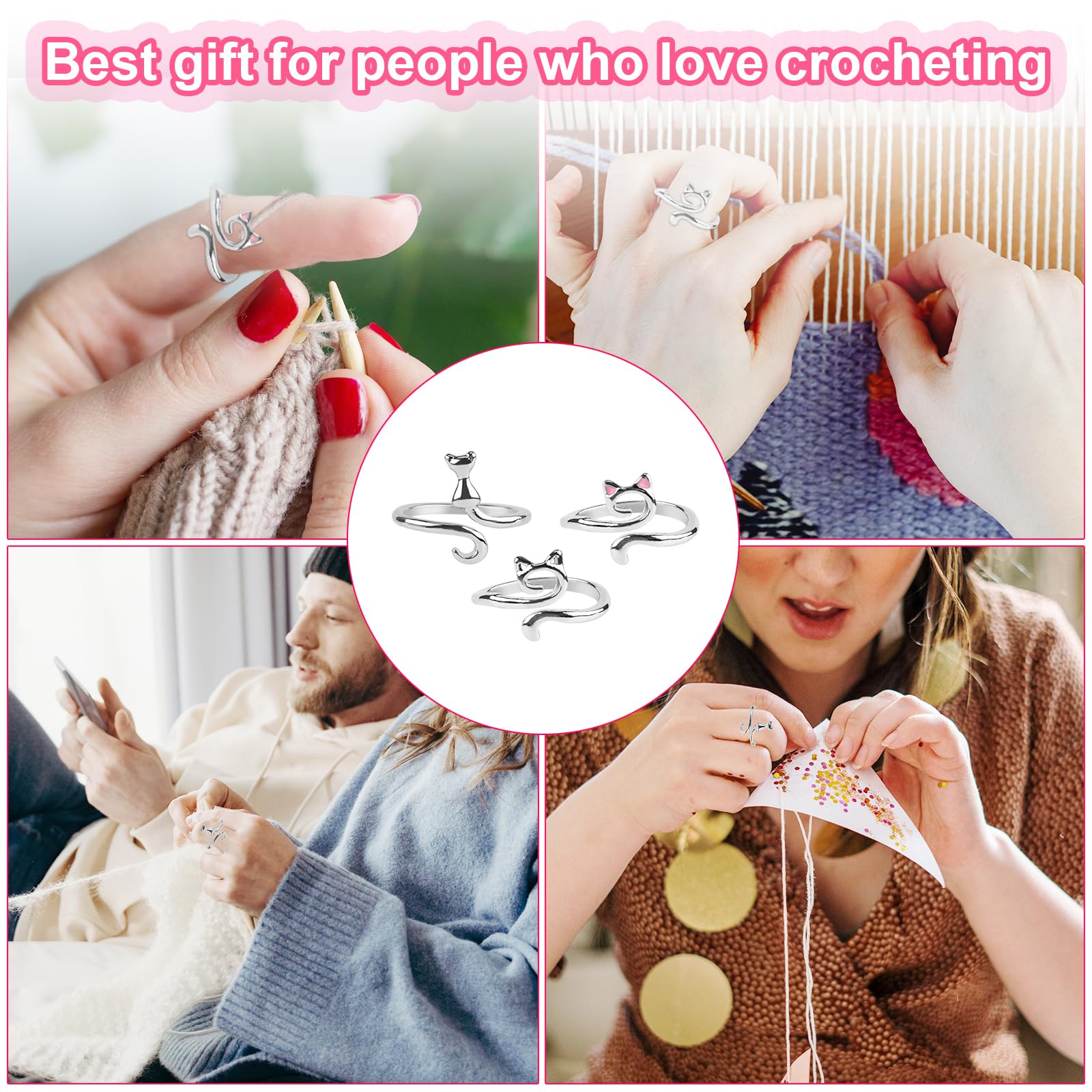 BOXOB 3-Piece Crochet Tension Rings - Cat-Themed Yarn Guide Finger Holders for Faster Knitting & Crocheting (Silver) | Perfect for Beginners & Experienced Knitters, Ideal for DIY Projects & Handmade Gifts
