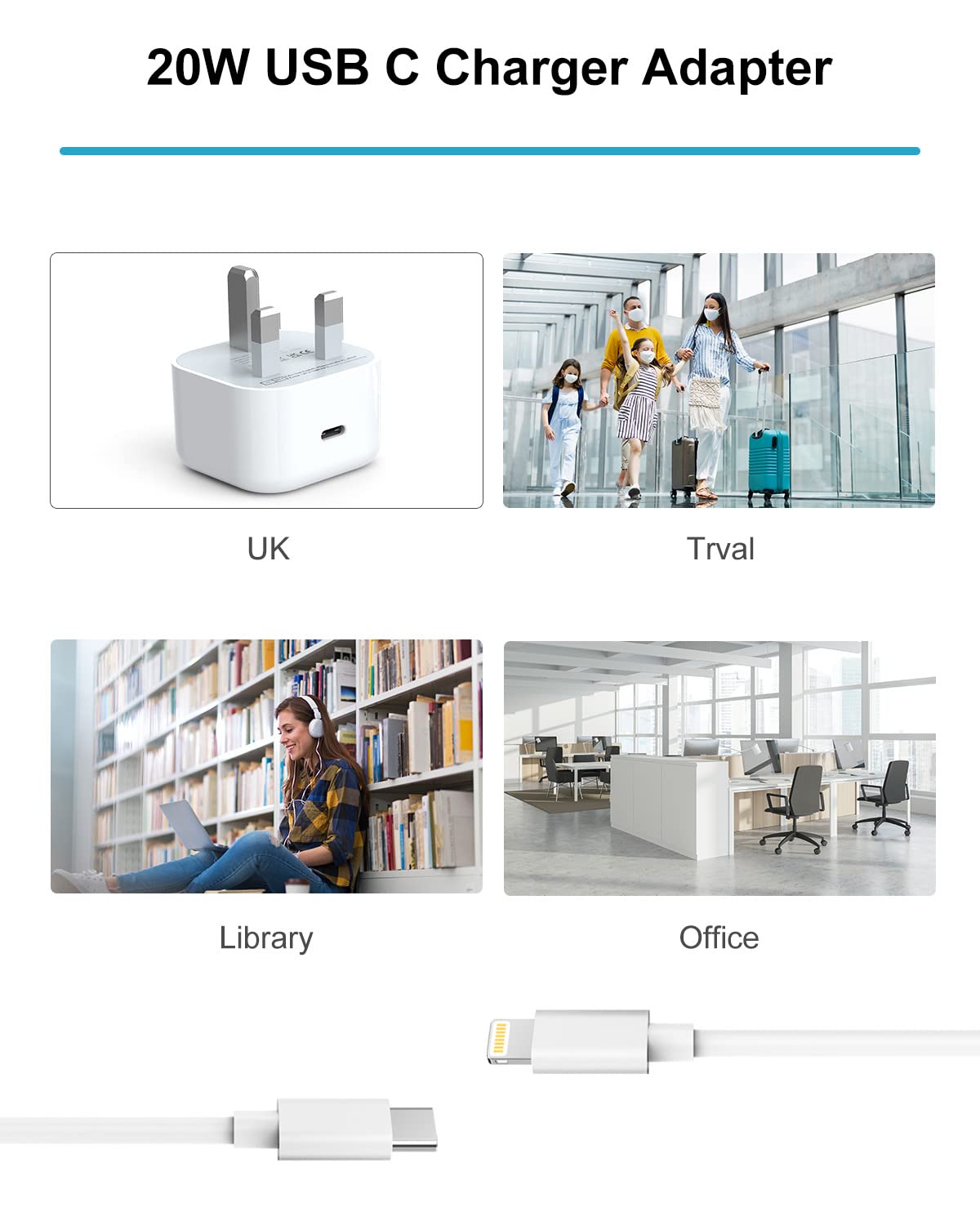 Apple MFi Certified 20W USB C Fast Charger Plug with 2M Cable - UK Type C Power Adapter for iPhone 14/13/12 Pro Max/Mini/11/XR/X/8 & iPad - Perfect for Travel, Home & Office Charging