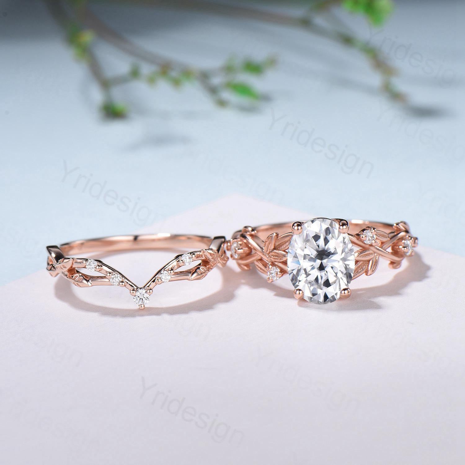 Nature Inspired Oval Diamond Engagement Ring - Split Shank CVD Diamond Bridal Set with Unique Leaf Vine Design | Moissanite Wedding Ring for Women | Perfect for Proposals, Anniversaries & Special Occasions