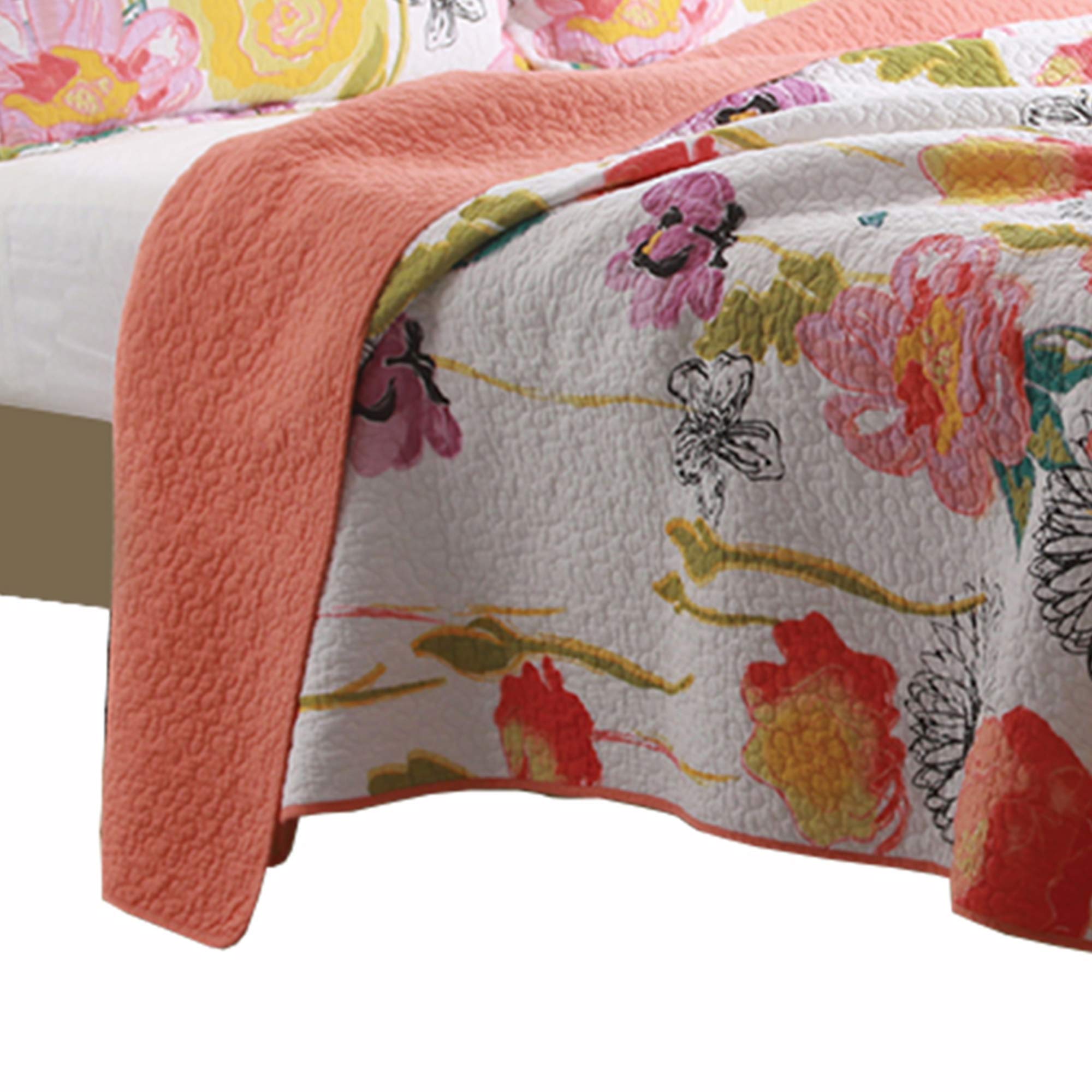 Benjara 3-Piece King Size Cotton Quilt Set with Stencil Floral Print - Luxury Bedding for Master Bedroom & Guest Room Decor