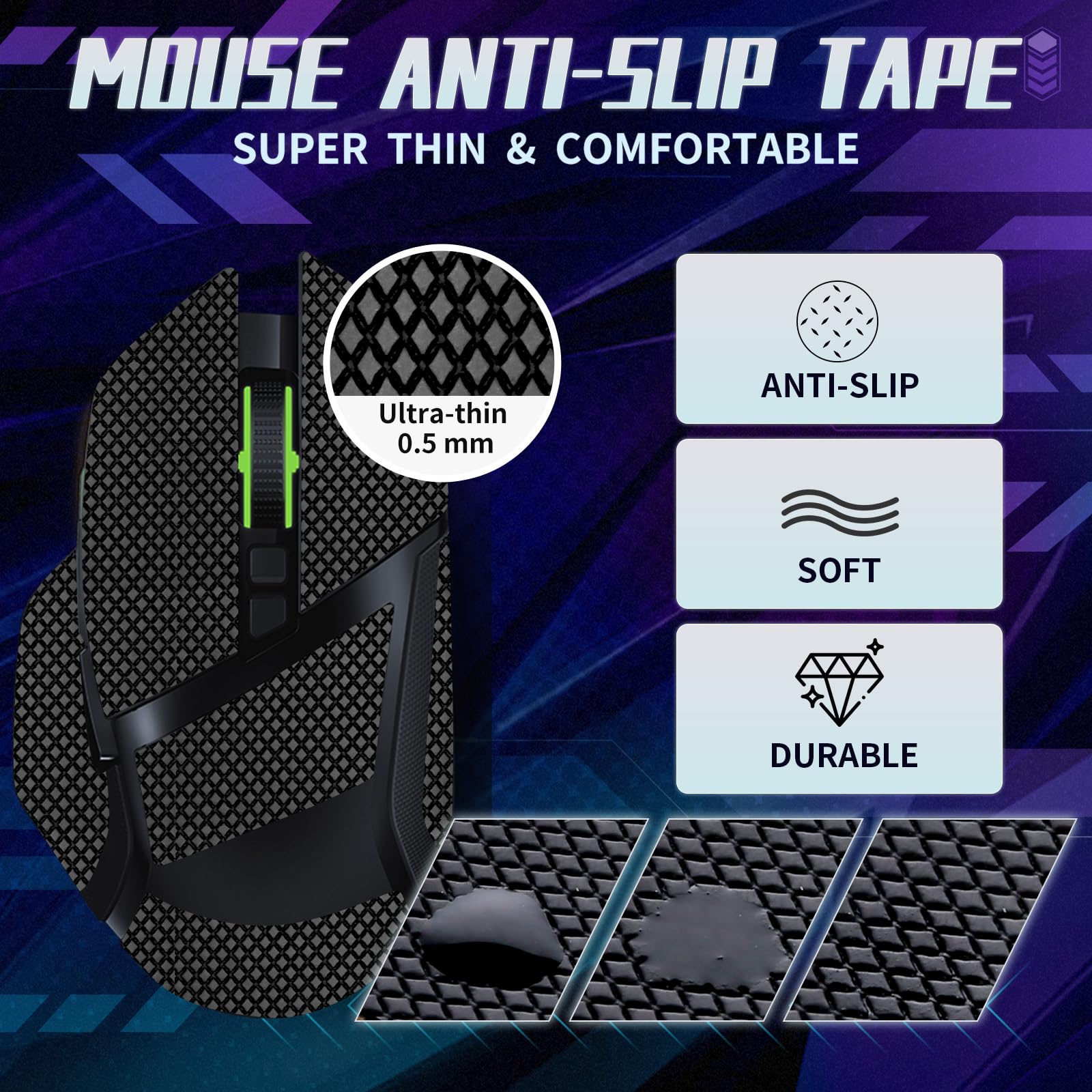 Anti-Slip Grip Tape for Razer Basilisk Ultimate/V2/X Gaming Mouse - Sweat Absorption, 0.5mm Thin, Custom Cut, Easy Application - Perfect for Esports, FPS & MMO Gaming