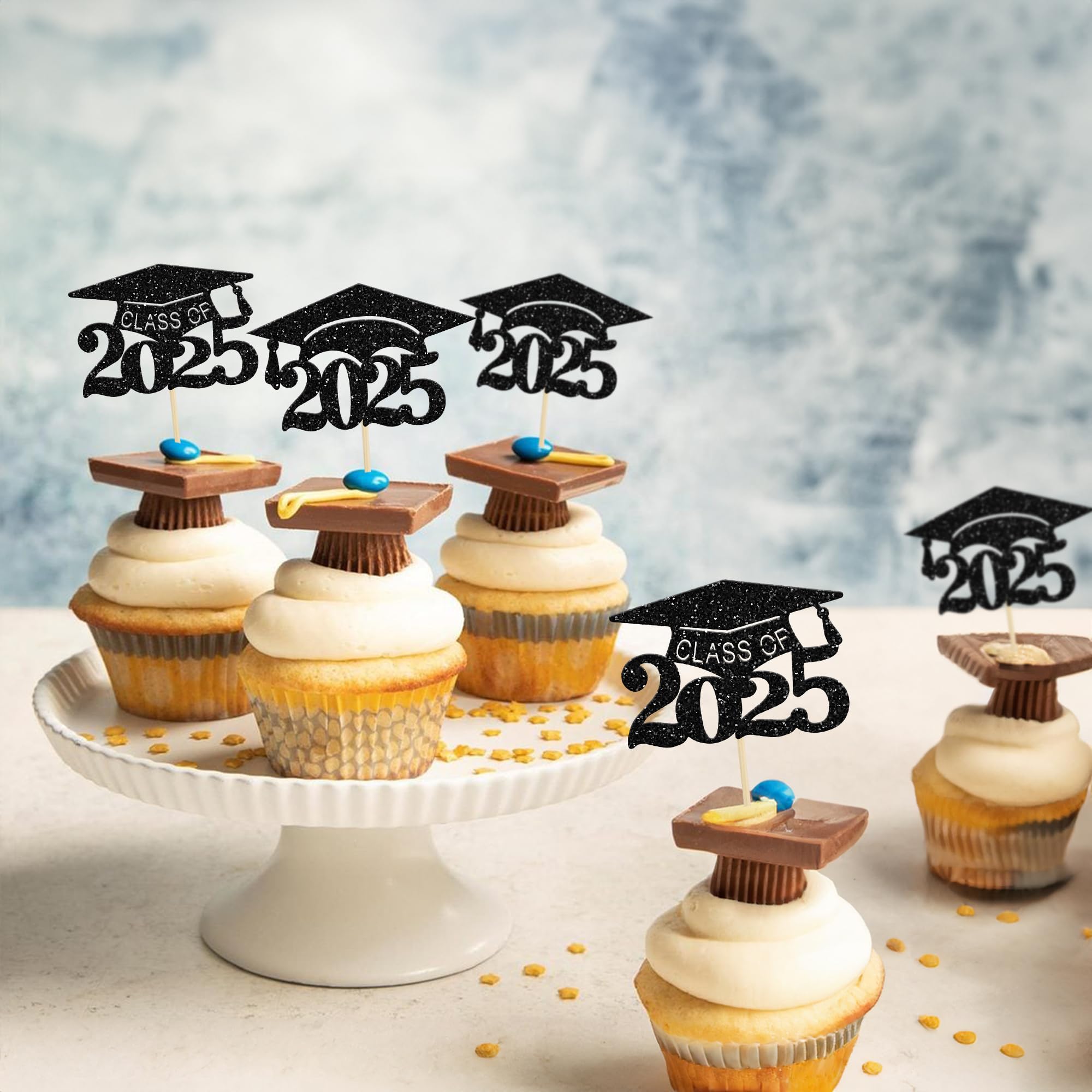 24Pcs Black Glitter Graduation Cap Cupcake Toppers 2025 - Graduation Cake Decorations for 2025 Graduation Party Supplies | Perfect for Graduation Theme Cakes, Cupcakes, and Dessert Tables