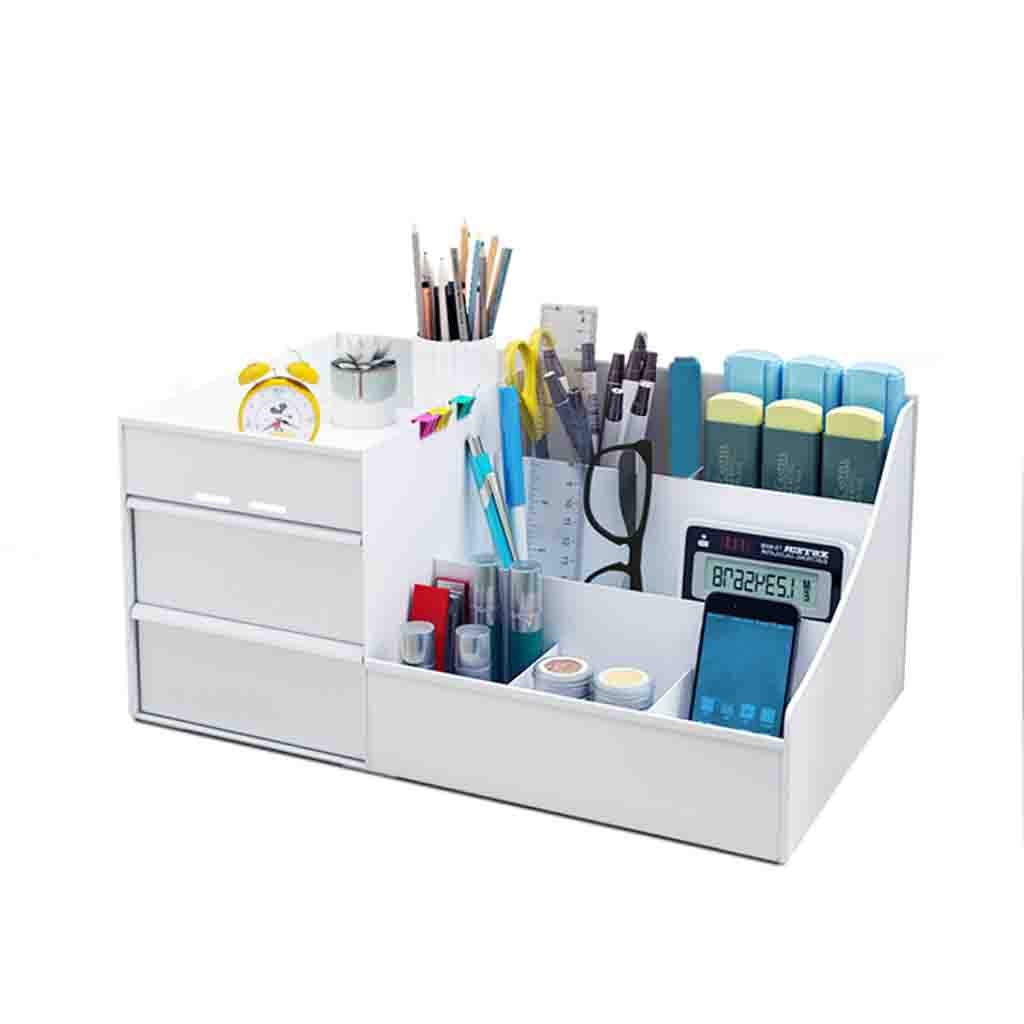 Modern Rectangle Desk Pen Holder with 2 Drawers - Stain-Resistant Office Organizer for Pens, Pencils & Supplies (White, 35.5x16.5x22.5cm/14x6x9in) - Perfect for Home Office, Study Desk & Workspace Organization
