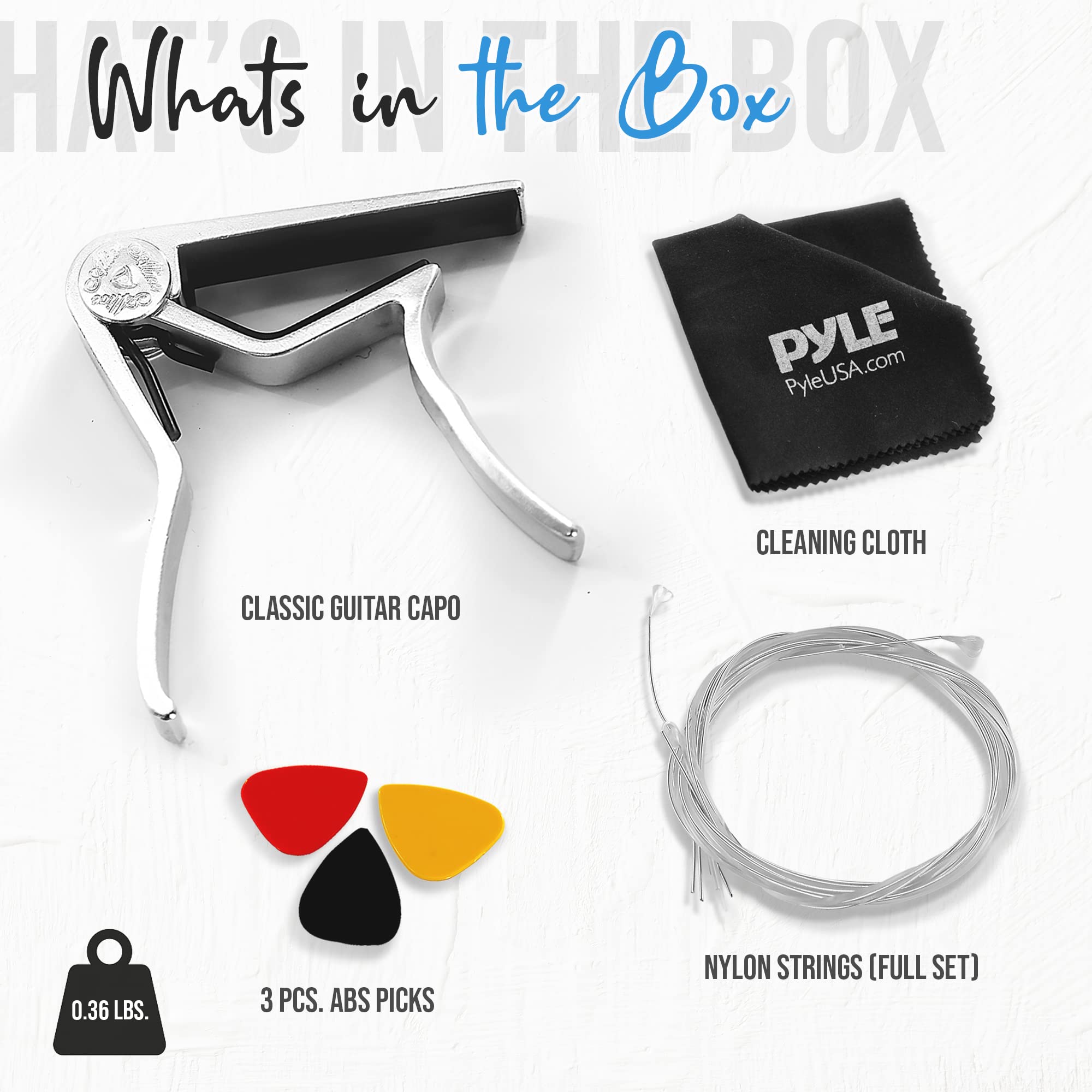 **Pyle 4/11 Accessory Kit - Full Set of Guitar Replacement Parts (6 Aquila Nylon Strings, Capo, 3 ABS Felt Picks, Cleaning Cloth) - Perfect for Acoustic & Classical Guitar Maintenance & Performance**