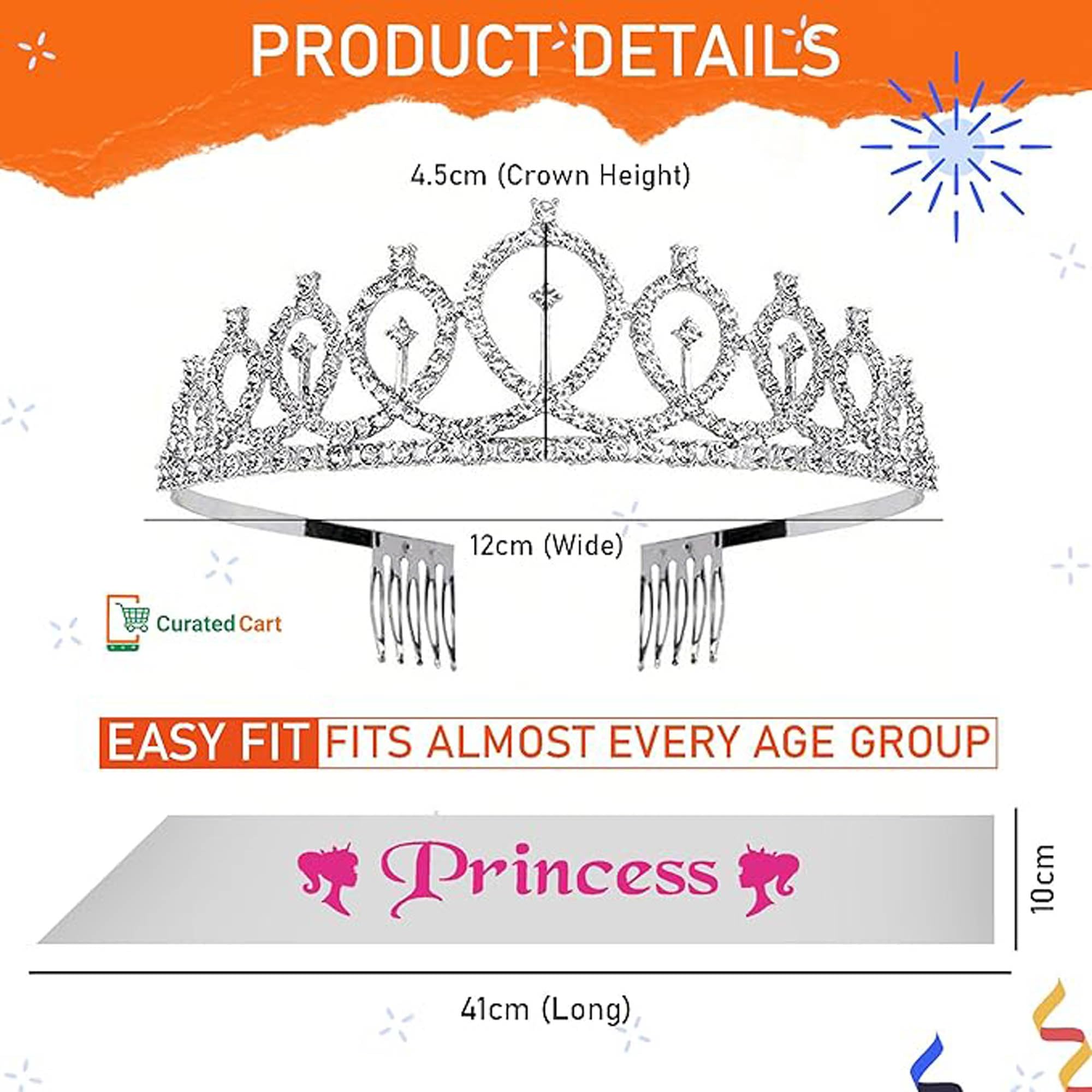 Princess Sash & Crown Set for Birthday Party - Girls Birthday Accessories Combo Kit (White) | Perfect for Birthday Celebrations, Dress-Up Play & Photo Shoots
