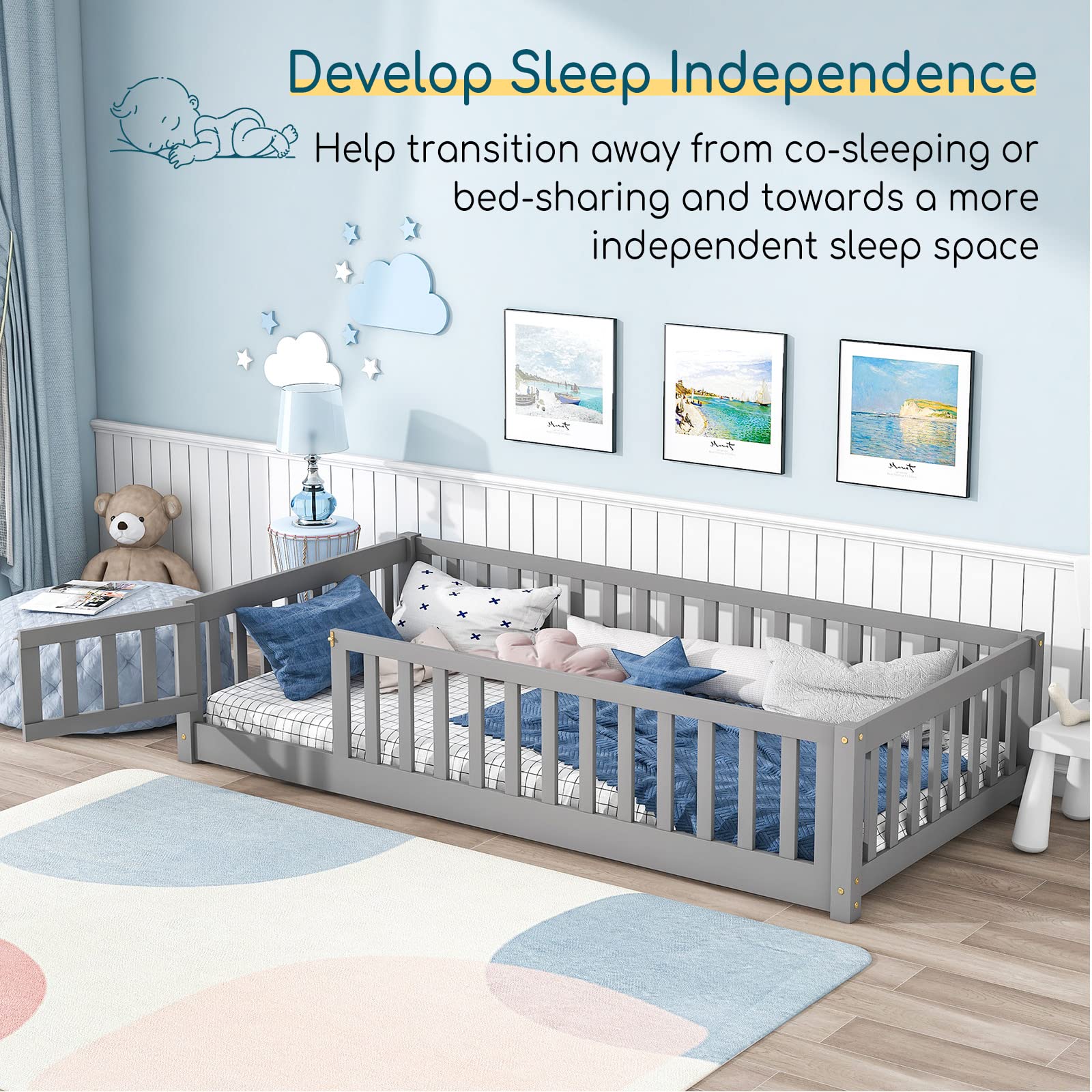 Twin Size Montessori Floor Bed with Safety Guardrails & Slats - Sturdy Wood Toddler Bed Frame for Girls & Boys in Grey - Perfect for Kids' Room, Playroom & Montessori Learning Spaces