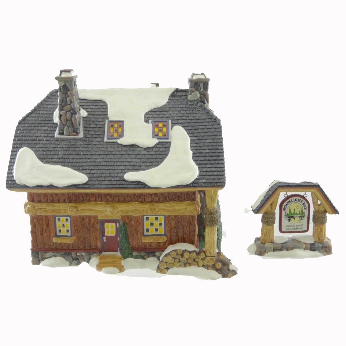 Moonlight Bay Bunk & Breakfast Snow Village Log Cabin - 7.5 Inch Ceramic Christmas Village Collectible for Holiday Home Decor & Gift Giving